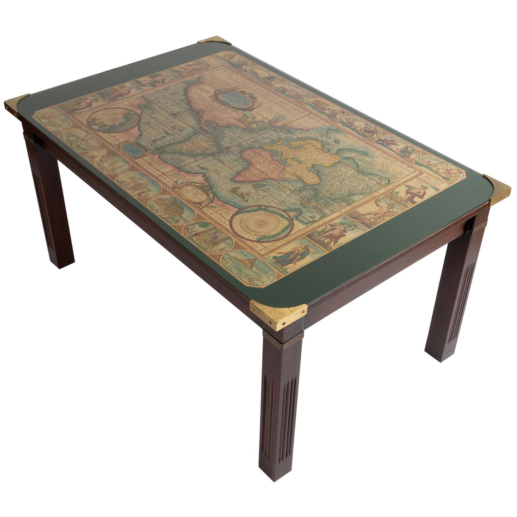 Vintage World Map Military Campaign Coffee Table by Maison Jansen, France