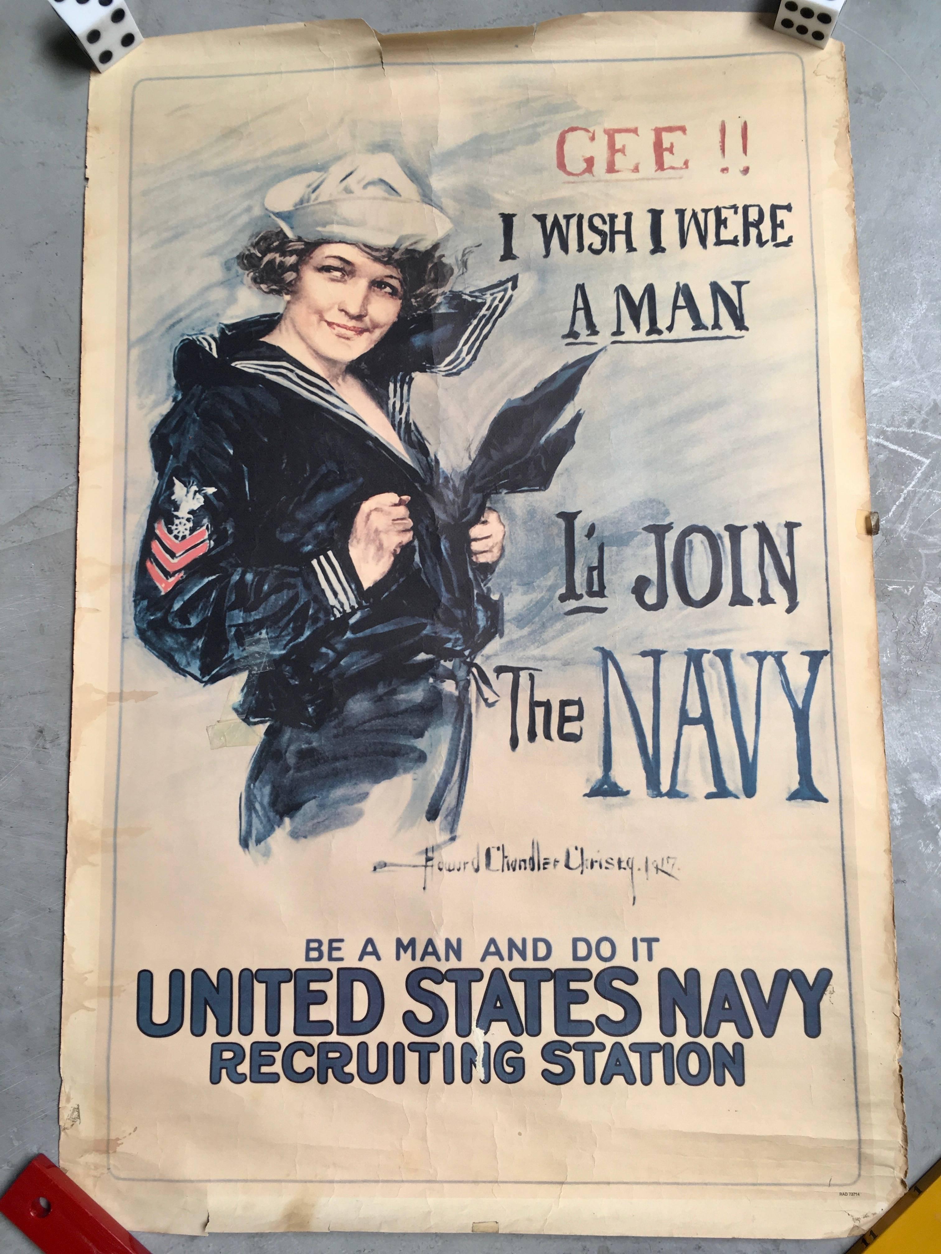 Interesting navy poster circa World War II. Looks like a re-issue of a 1917 poster. Not entirely sure if its an original 1917 poster so selling as a World War II poster. Bought from a Navy vet that was in World War II. Good colors, great wording.