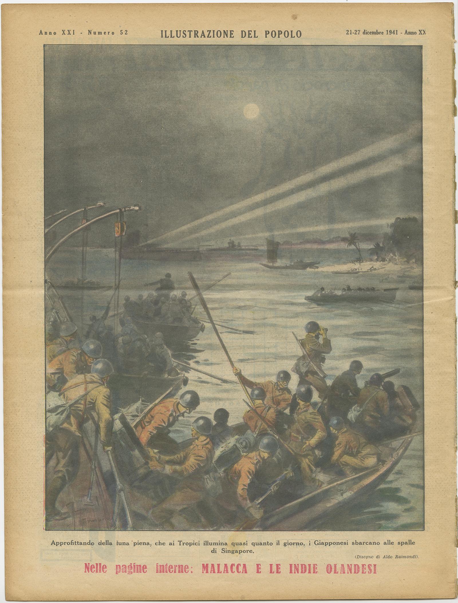 Illustrations of 'Illustrazione del Popolo', a supplement of 'Gazzetta del Popolo', an Italian newspaper. The first image shows the Japanese kamikaze torpedoes attack the British fleet near the coast of the Malacca peninsula. The other image shows a