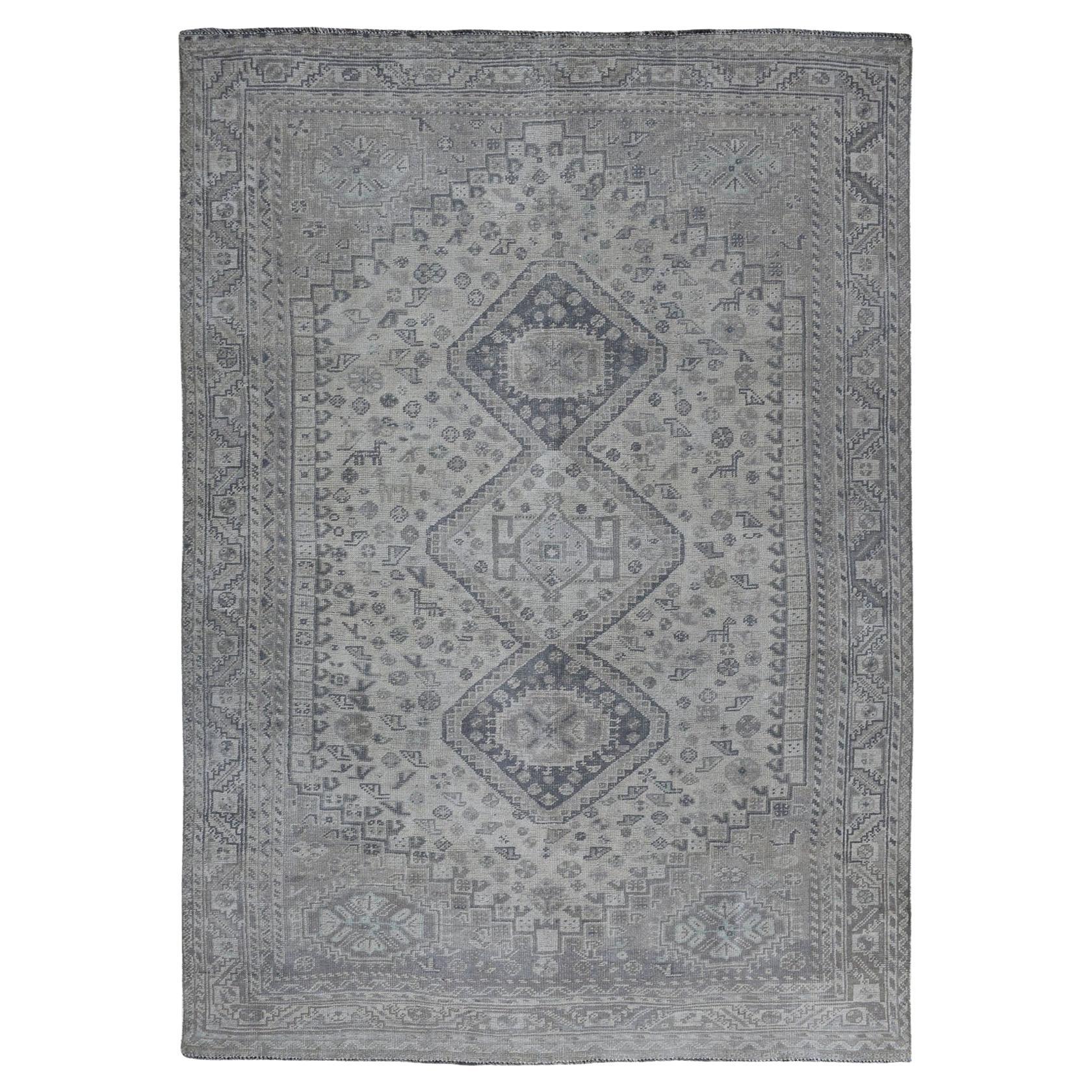 Vintage Worn Down Distressed Colors Persian Qashqai Hand Knotted Bohemian Rug For Sale