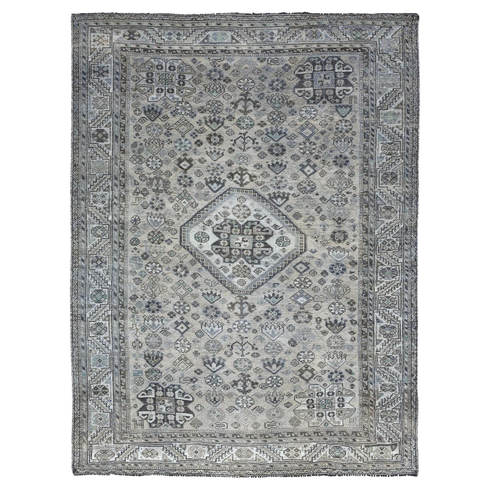 Vintage Worn Down Distressed Colors Persian Qashqai Hand Knotted Bohemian Rug For Sale