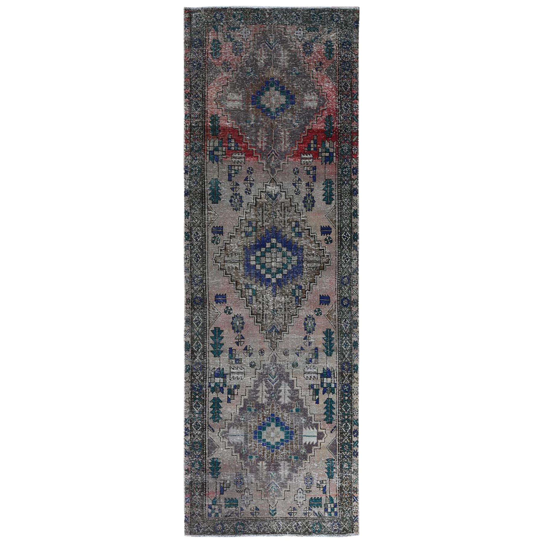 Vintage Worn Down Persian Hamadan with Earth Tone Colors Clean Abrash Wool Rug