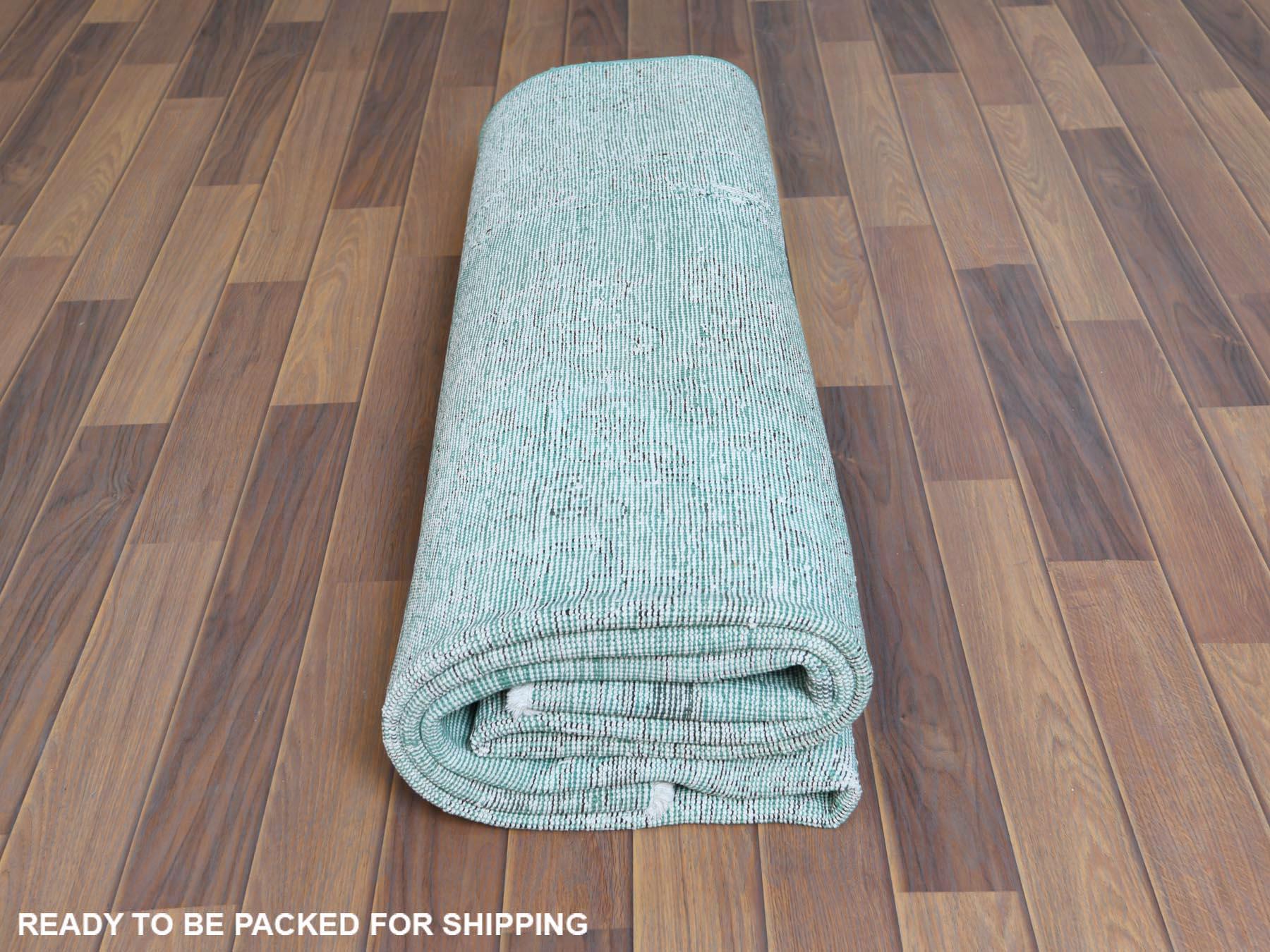 Vintage Worn Down Sun-Faded Green Persian Tabriz Clean Wool Hand Knotted Rug 5