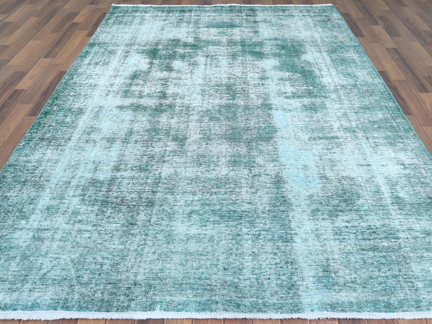 Hand-Knotted Vintage Worn Down Sun-Faded Green Persian Tabriz Clean Wool Hand Knotted Rug