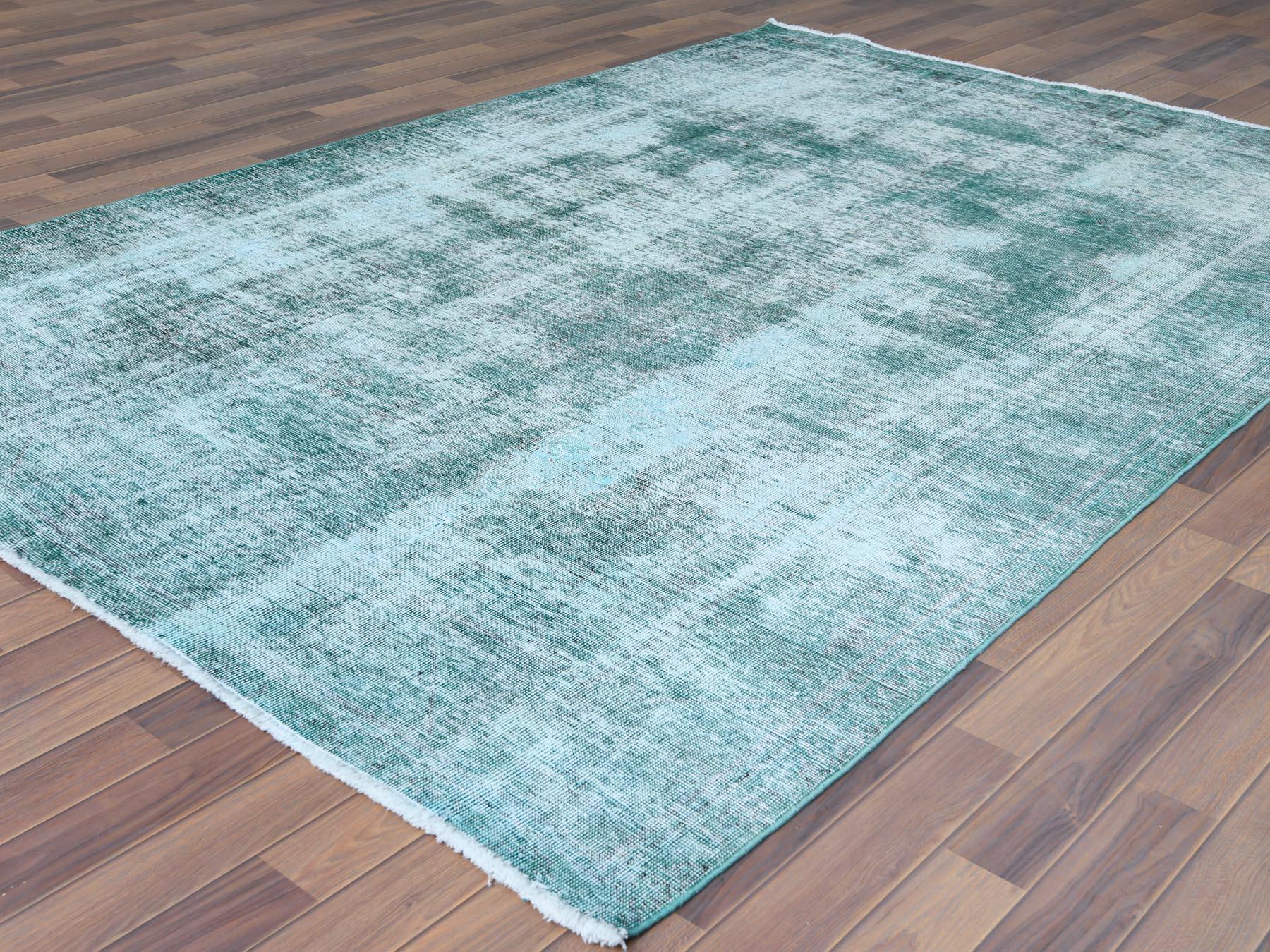 Vintage Worn Down Sun-Faded Green Persian Tabriz Clean Wool Hand Knotted Rug In Good Condition In Carlstadt, NJ
