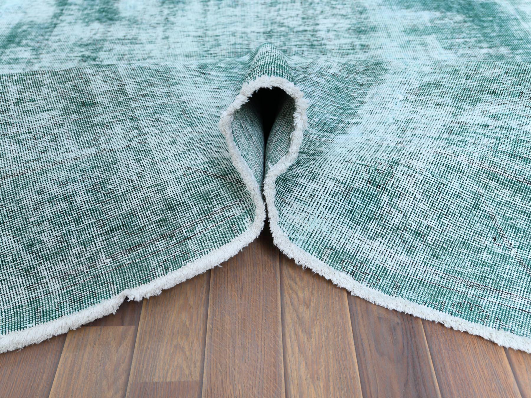 Vintage Worn Down Sun-Faded Green Persian Tabriz Clean Wool Hand Knotted Rug 1