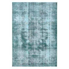 Vintage Worn Down Sun-Faded Green Persian Tabriz Clean Wool Hand Knotted Rug