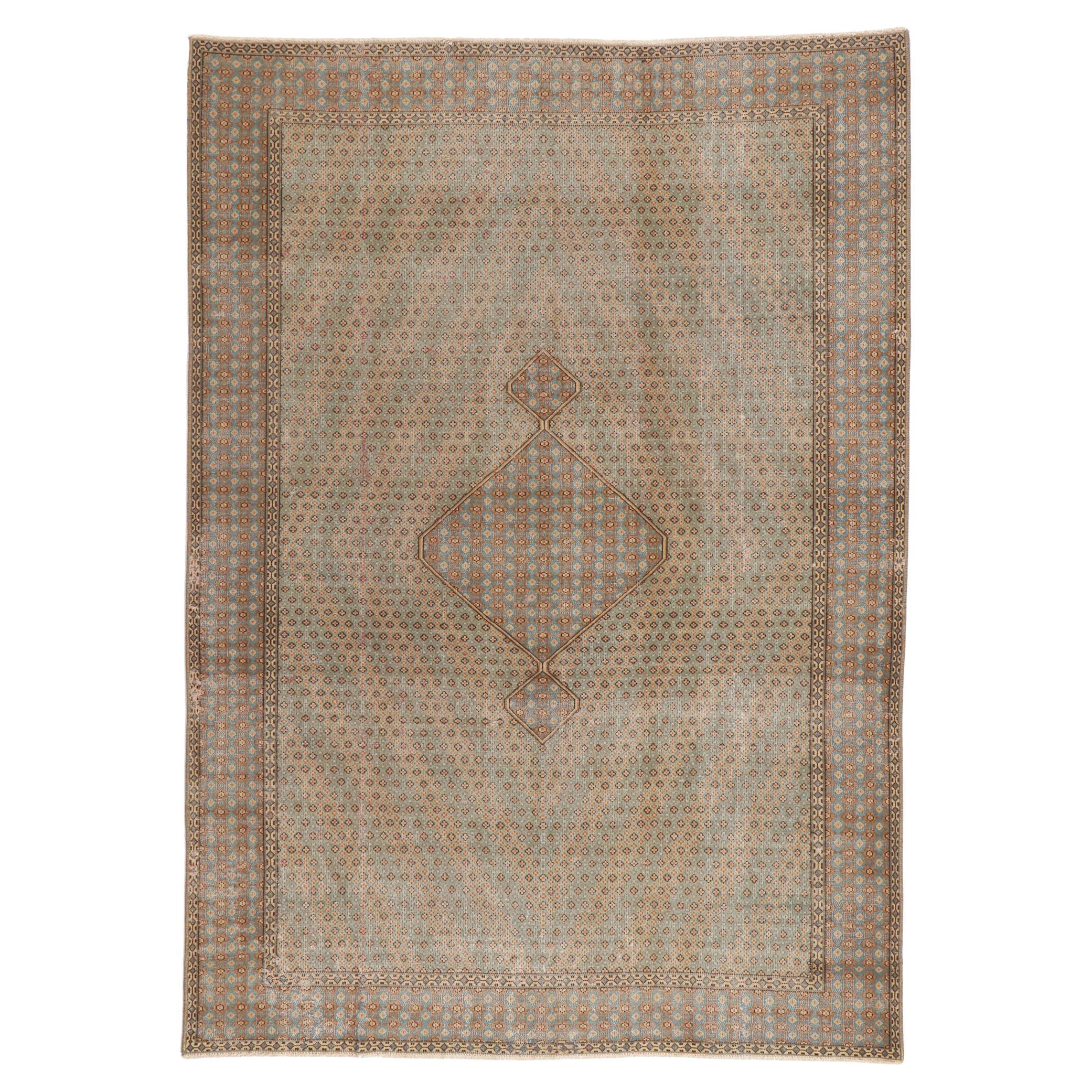 Vintage-Worn Persian Kerman Rug, Laid-Back Luxury Meets Relaxed Coastal Style