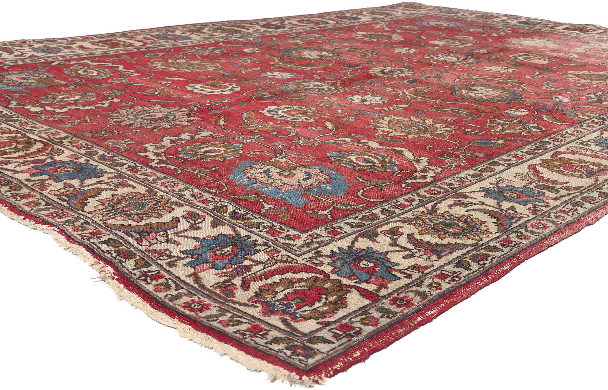 78237 Rustic Vintage Persian Tabriz Rug, 07'05 x 10'08. Laid-back luxury meets patriotic flair in this hand knotted wool vintage Persian Tabriz rug. The intricate botanical design and sophisticated color palette woven into this piece work together