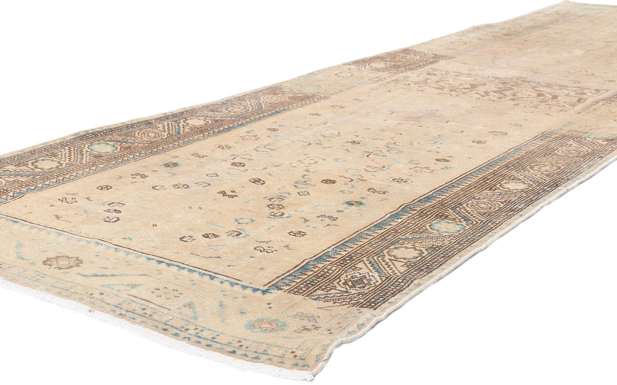 61267 Vintage Persian Malayer Rug, 03'04 x 10'06.
​Faded elegance meets relaxed refinement in this hand knotted wool distressed vintage Persian Malayer rug runner.

Rendered in variegated shades of tan, brown, cerulean, beige, Aegean blue, ecru,
