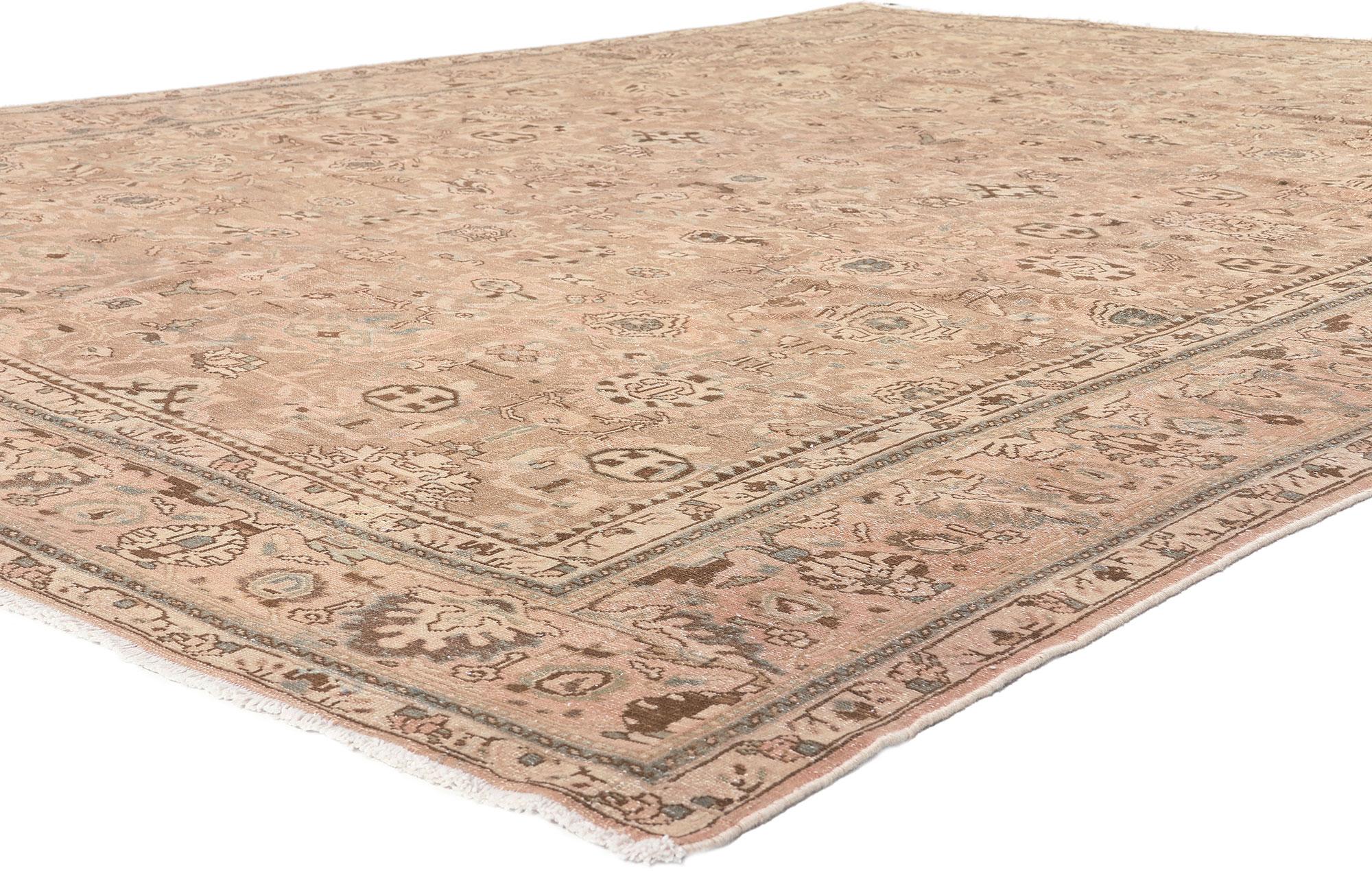 61266 Vintage-Worn Persian Malayer Rug, 09'03 x 12'02.
​Tonal elegance meets timeless appeal in this hand knotted wool distressed vintage Persian Malayer rug.

Rendered in variegated shades of tan, pink, sage, brown, taupe, rose, taupe and sage with
