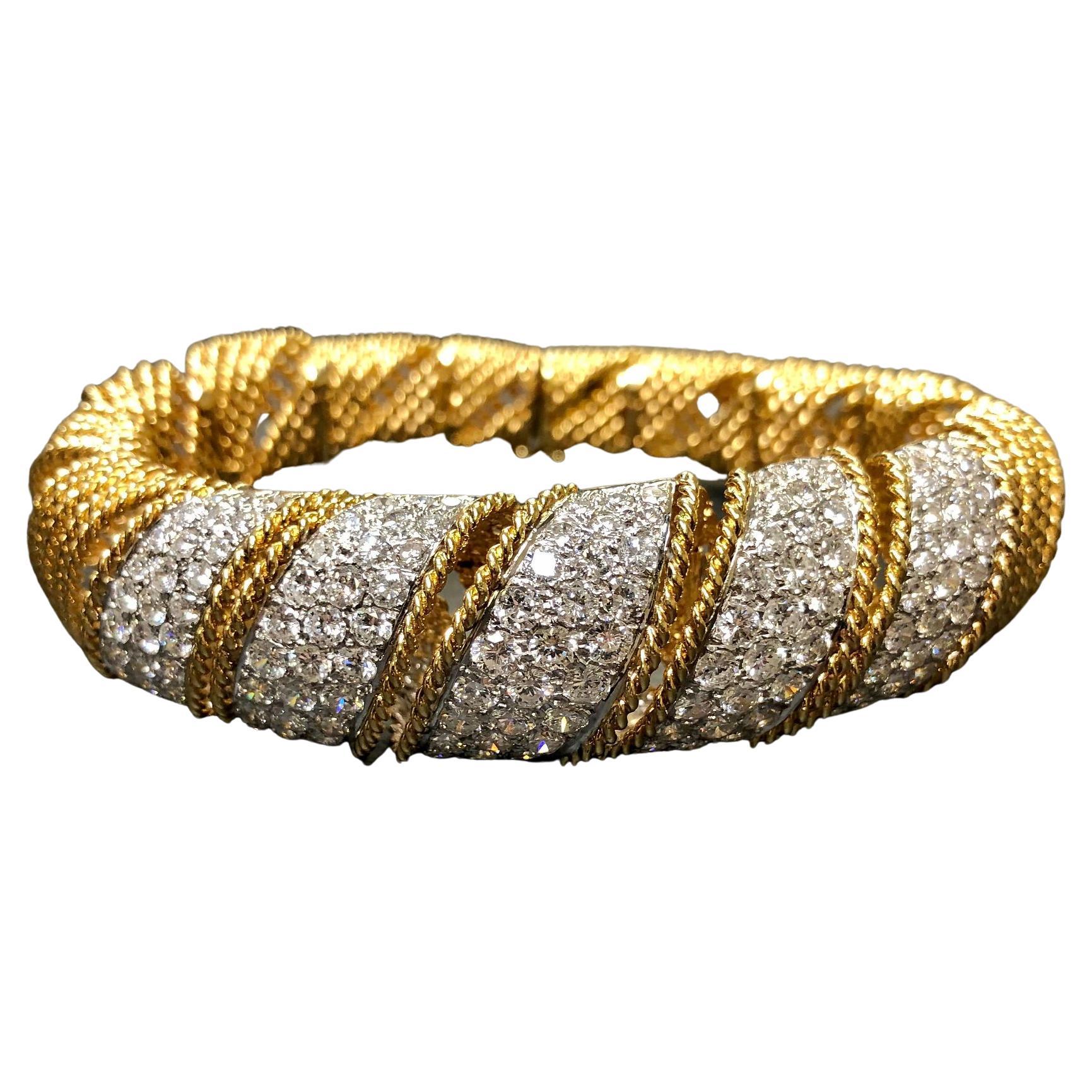Vintage 18K Pave Diamond Woven Rope Cuff Bracelet 1960’s 9.20ctw 7” G Vs For Sale