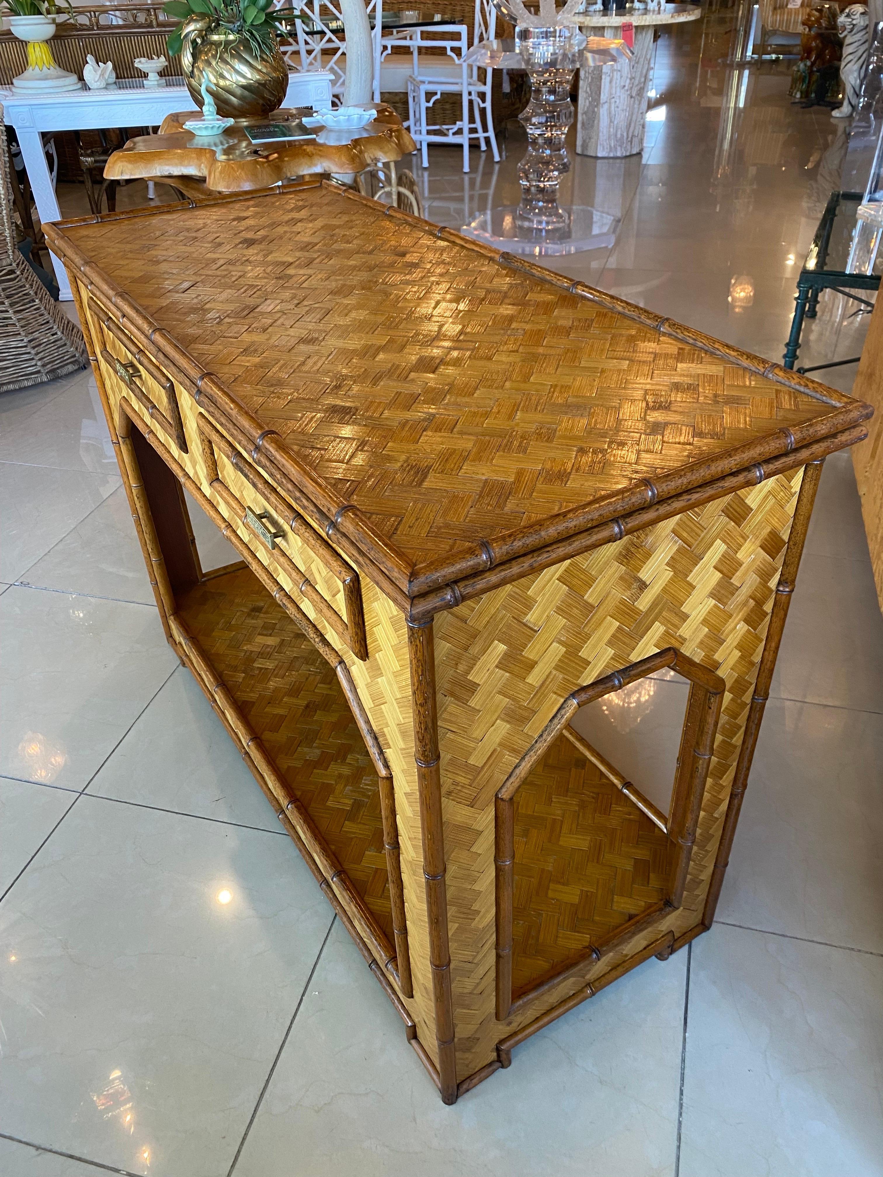Vintage Woven Bamboo Console Table Drawers Desk Moroccan Arches Brass Greek Key 4