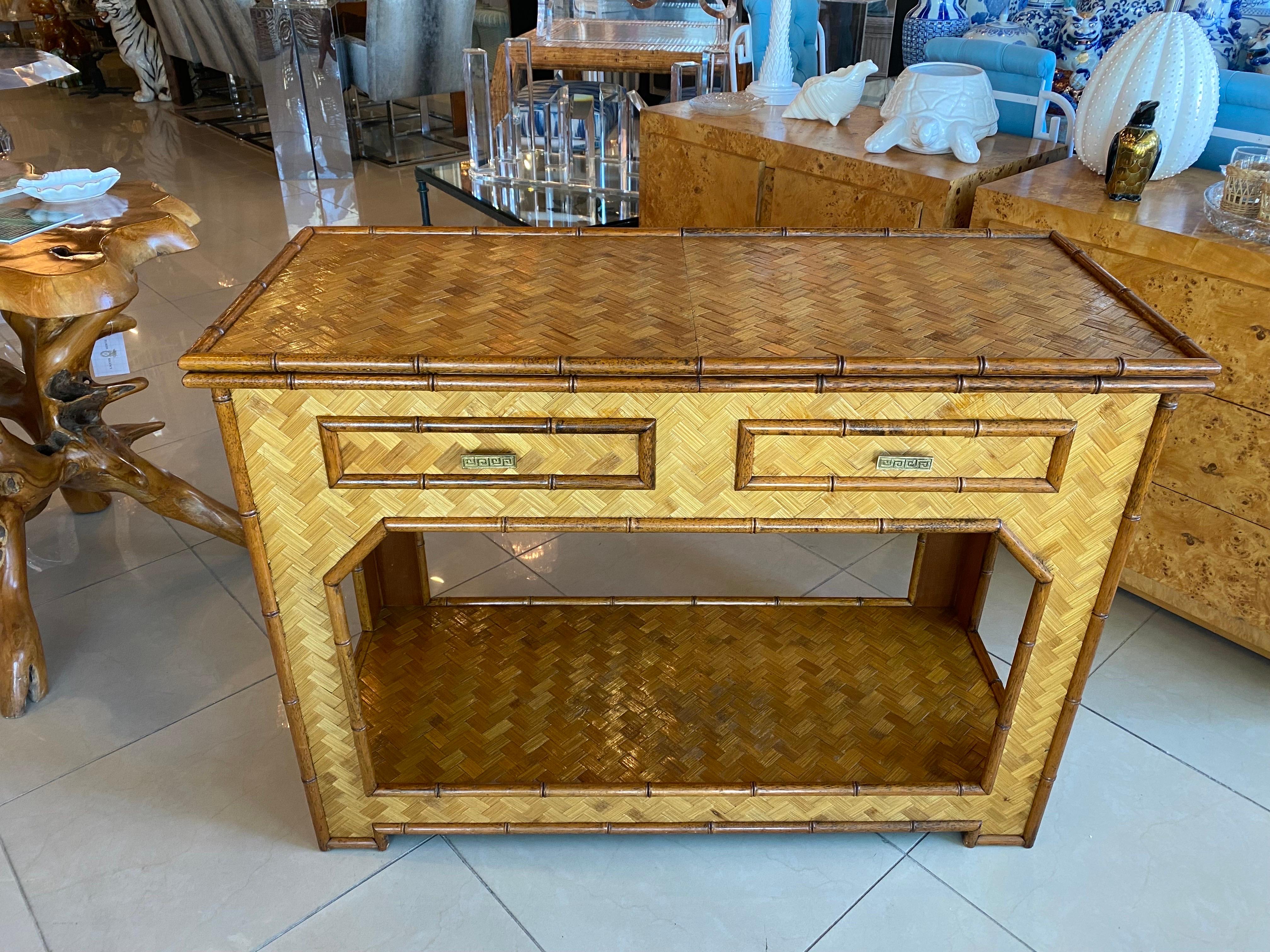 Vintage Woven Bamboo Console Table Drawers Desk Moroccan Arches Brass Greek Key 5