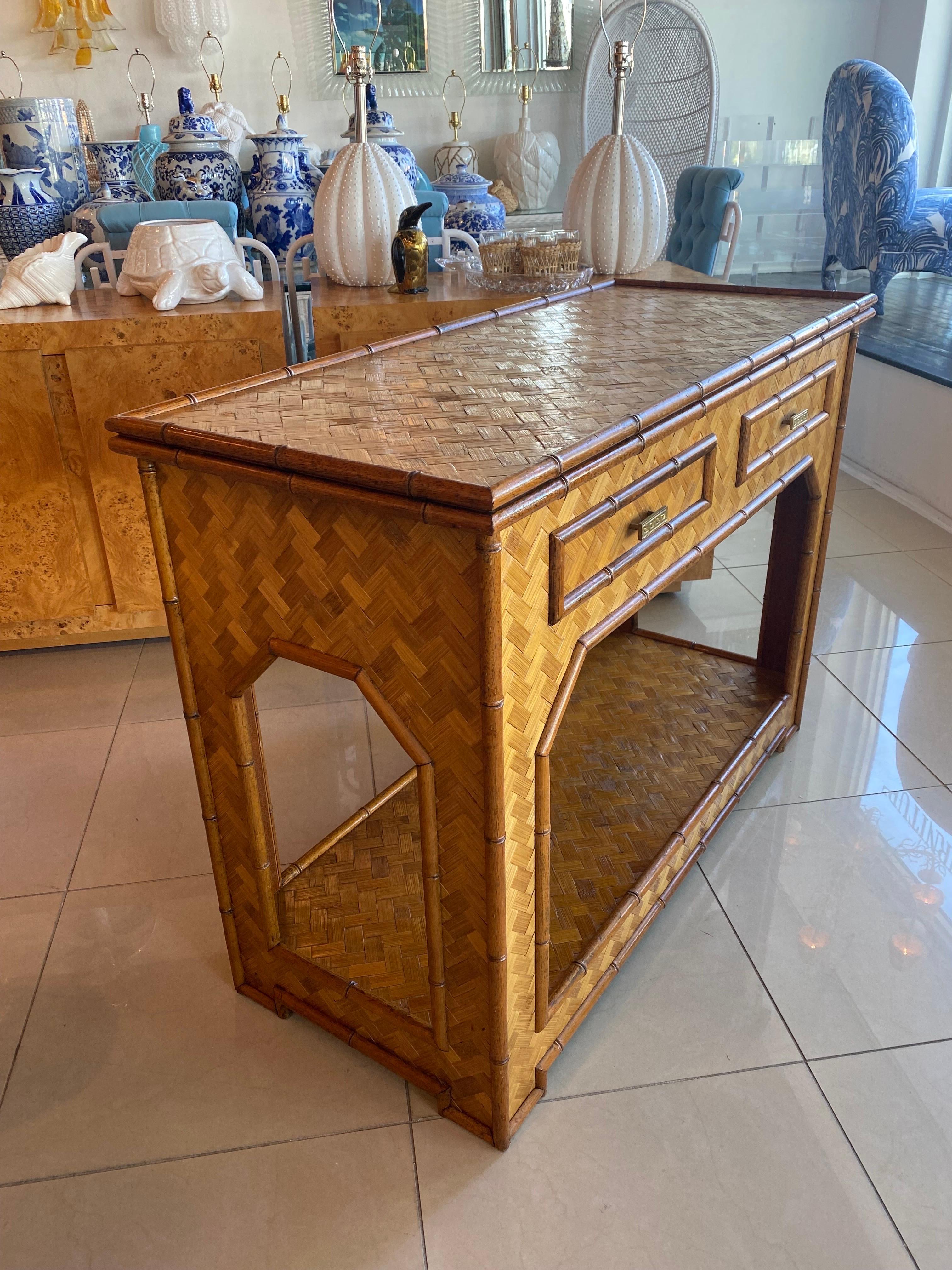 Vintage Woven Bamboo Console Table Drawers Desk Moroccan Arches Brass Greek Key 7