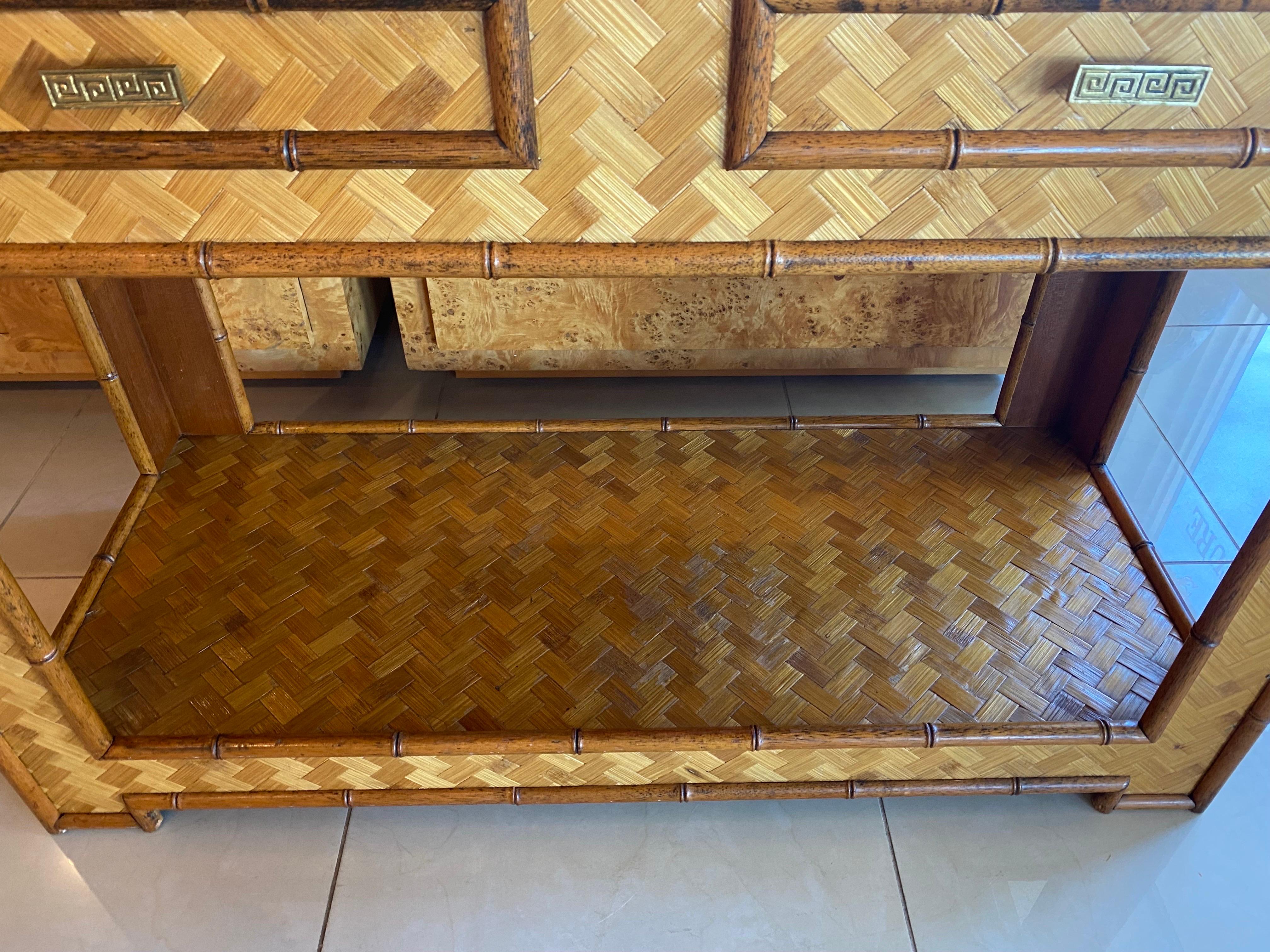 Vintage Woven Bamboo Console Table Drawers Desk Moroccan Arches Brass Greek Key 8