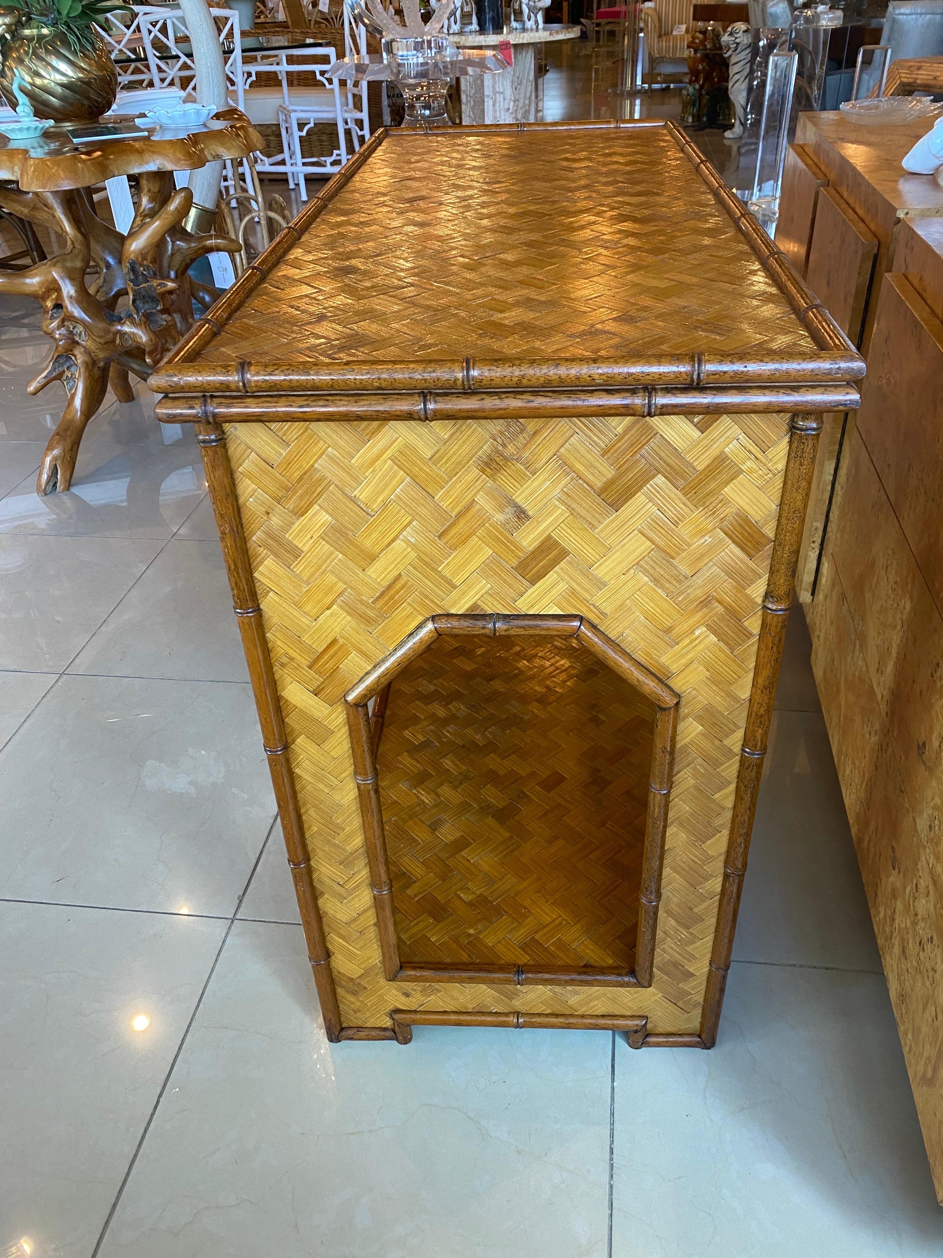 Vintage Woven Bamboo Console Table Drawers Desk Moroccan Arches Brass Greek Key 9