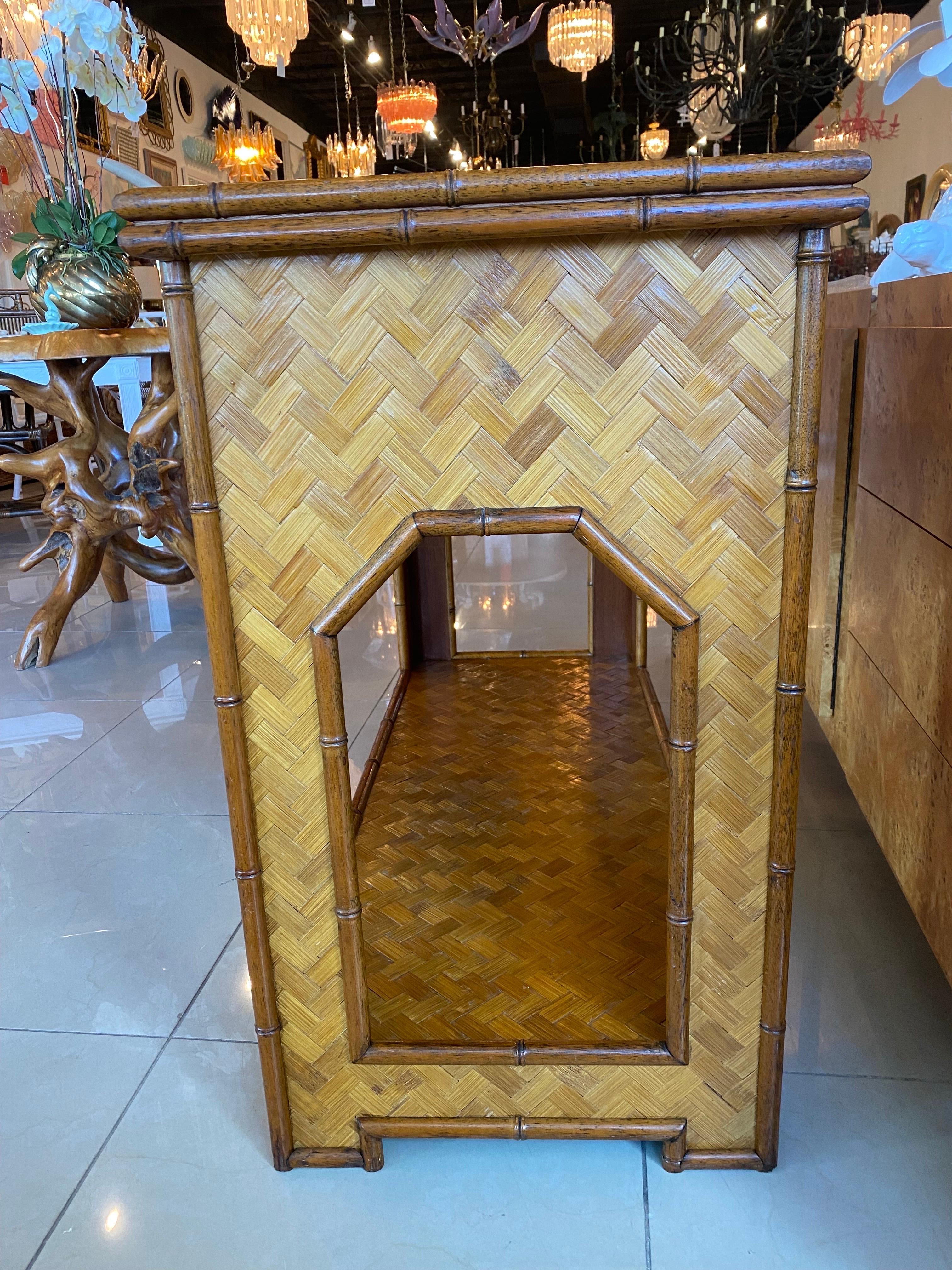 Vintage Woven Bamboo Console Table Drawers Desk Moroccan Arches Brass Greek Key 10