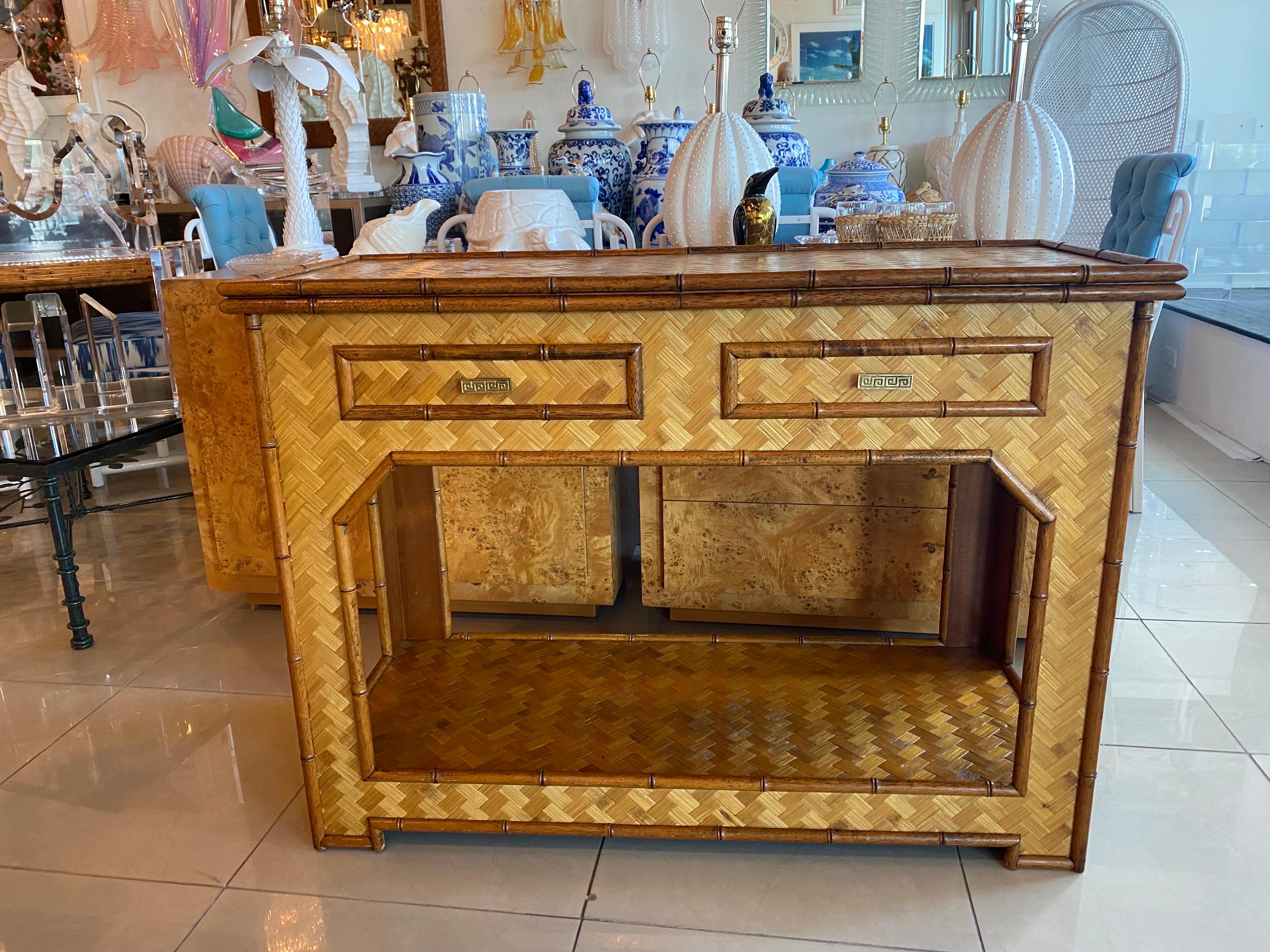 Vintage Woven Bamboo Console Table Drawers Desk Moroccan Arches Brass Greek Key 11