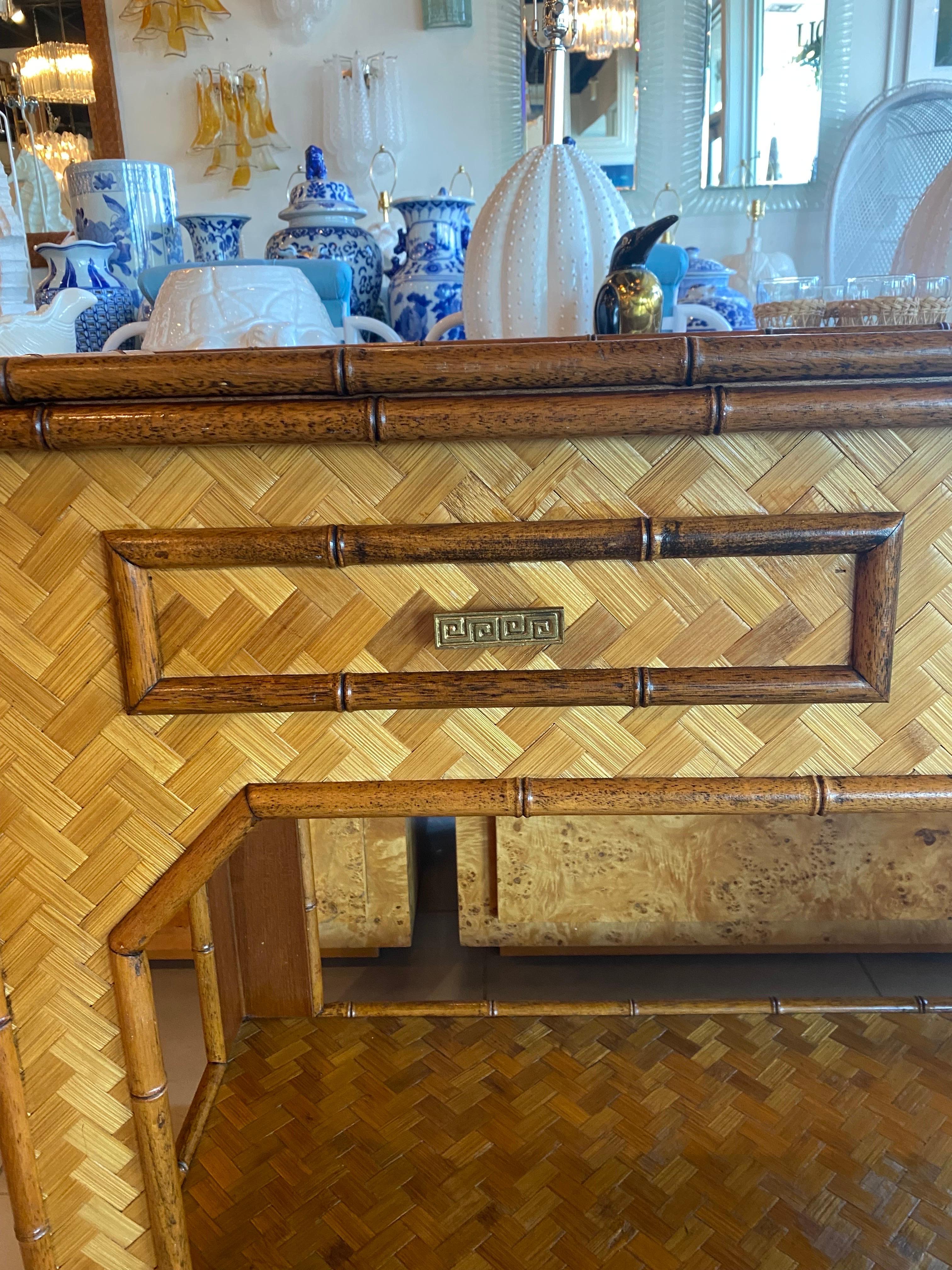 Vintage Woven Bamboo Console Table Drawers Desk Moroccan Arches Brass Greek Key 12
