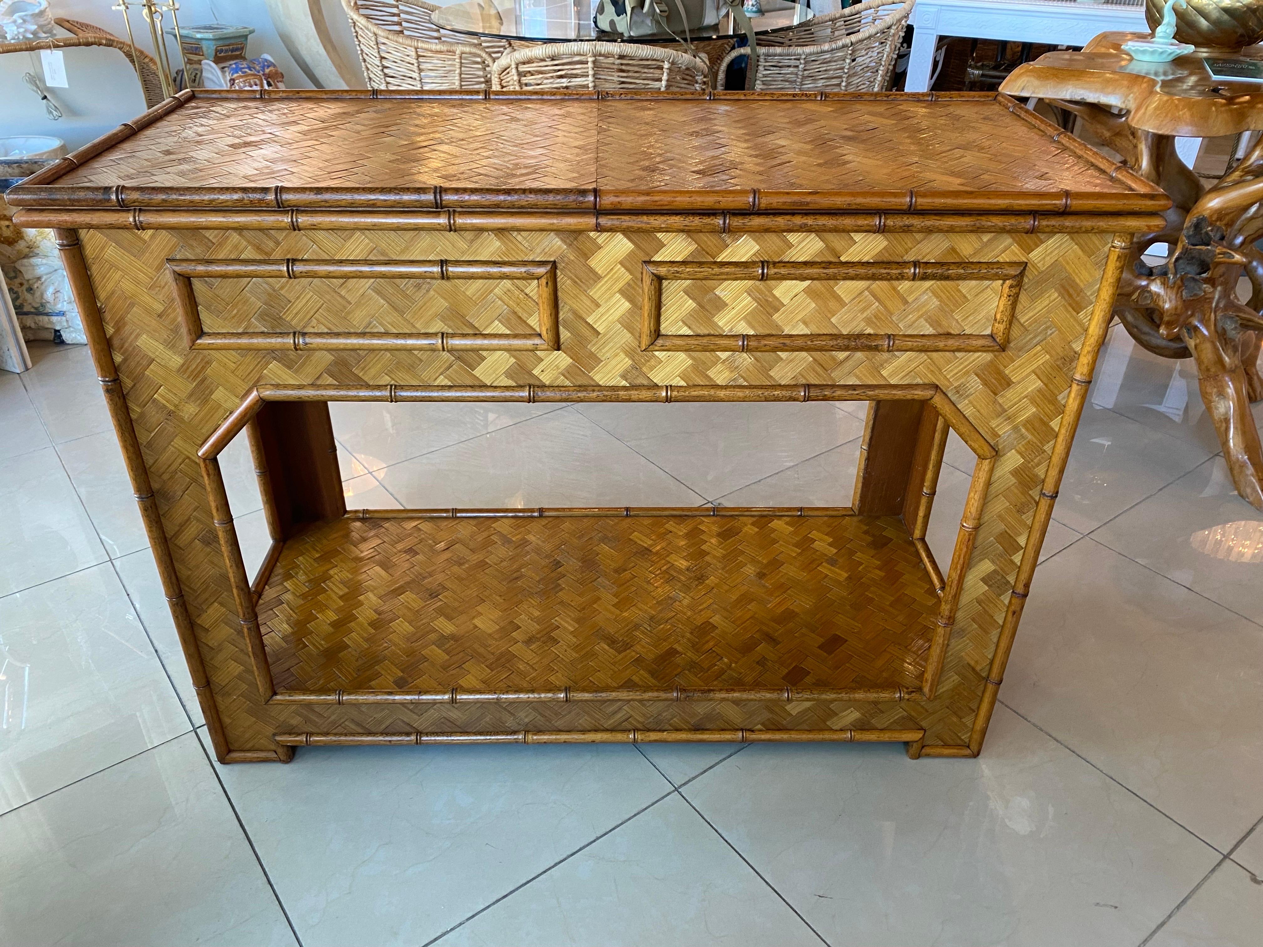 Vintage Woven Bamboo Console Table Drawers Desk Moroccan Arches Brass Greek Key 13