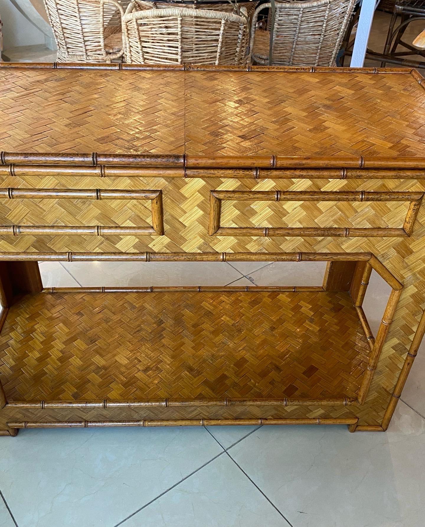 Vintage Woven Bamboo Console Table Drawers Desk Moroccan Arches Brass Greek Key 14
