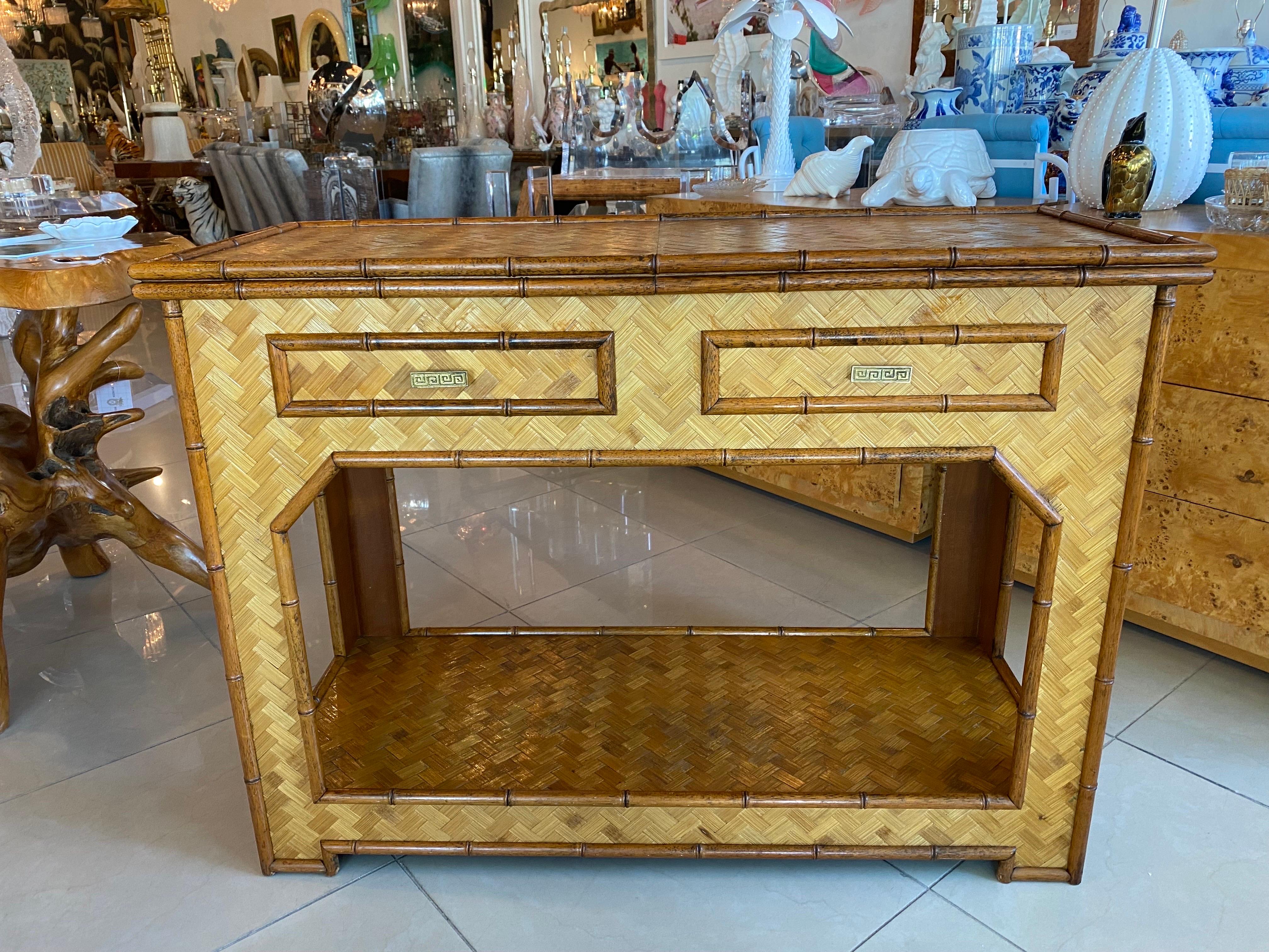 Mid-Century Modern Vintage Woven Bamboo Console Table Drawers Desk Moroccan Arches Brass Greek Key
