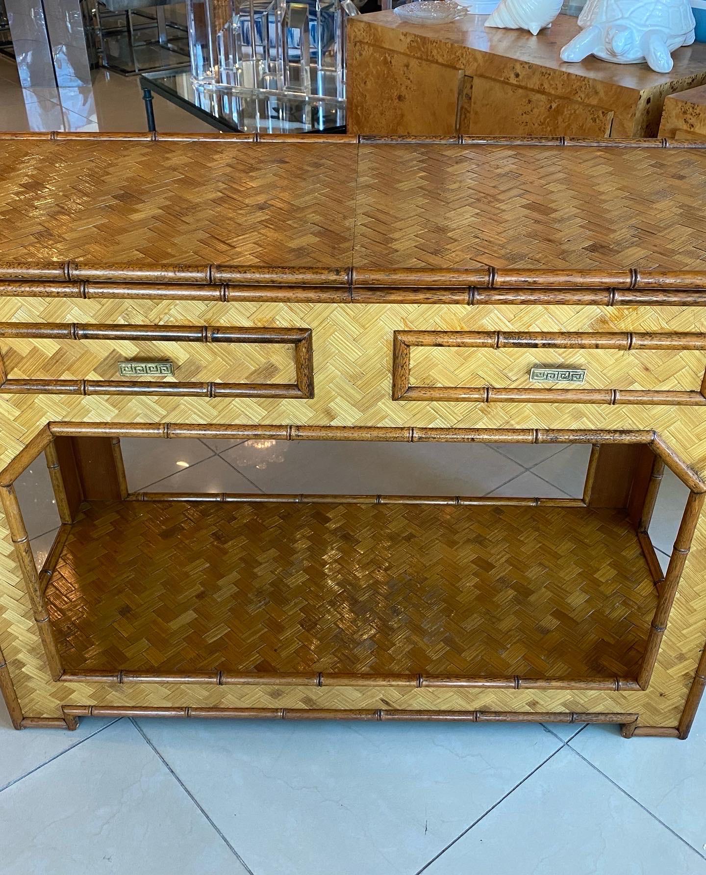 Unknown Vintage Woven Bamboo Console Table Drawers Desk Moroccan Arches Brass Greek Key