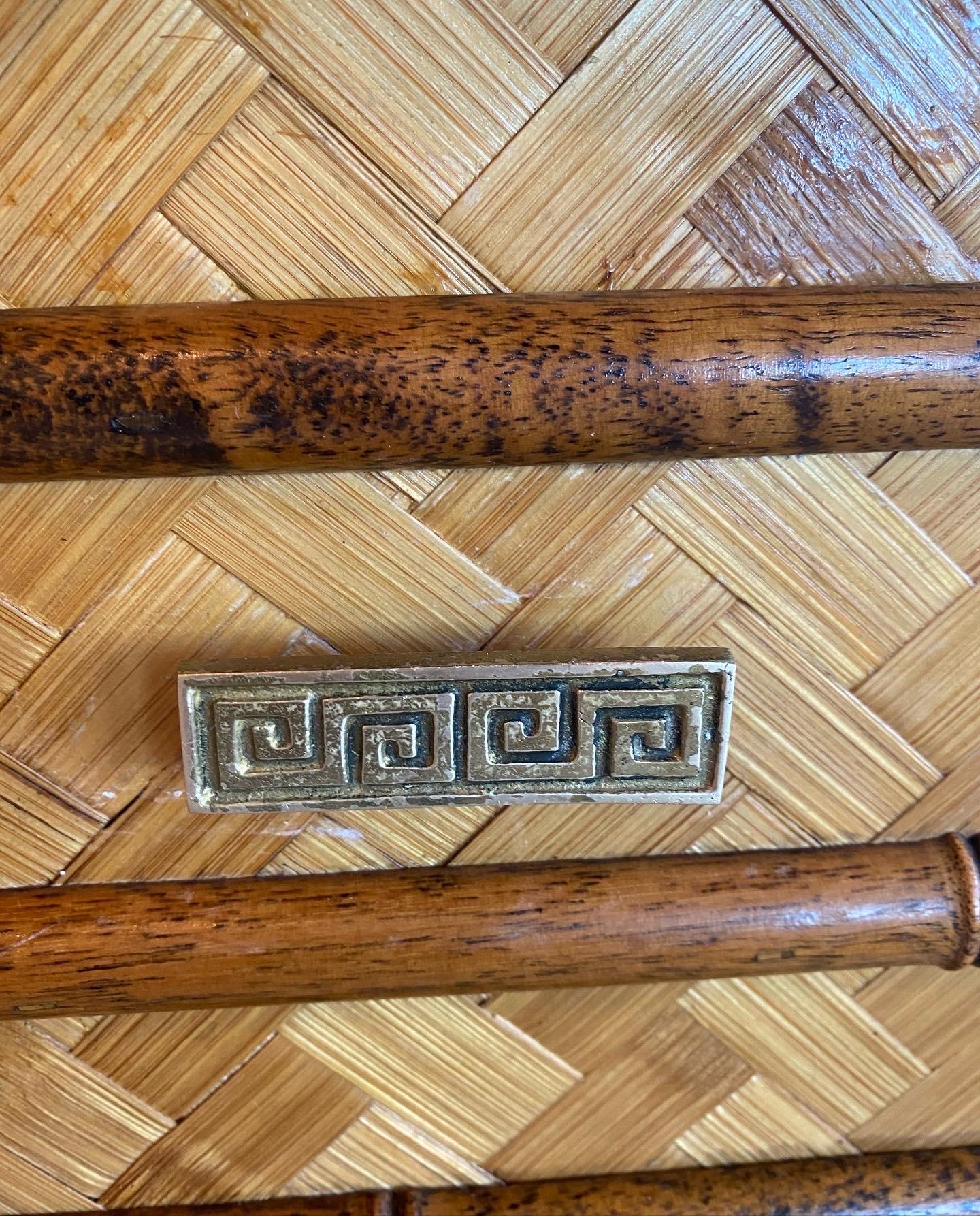 Vintage Woven Bamboo Console Table Drawers Desk Moroccan Arches Brass Greek Key In Good Condition In West Palm Beach, FL