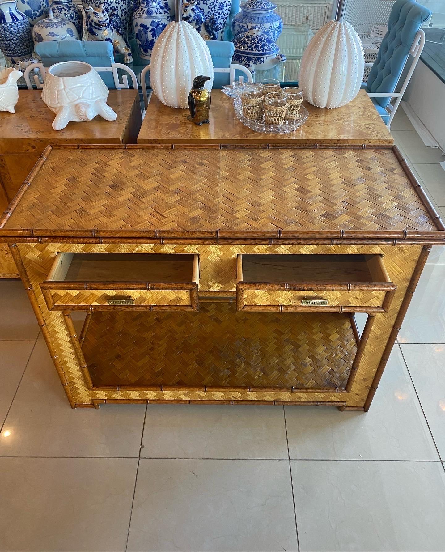Late 20th Century Vintage Woven Bamboo Console Table Drawers Desk Moroccan Arches Brass Greek Key