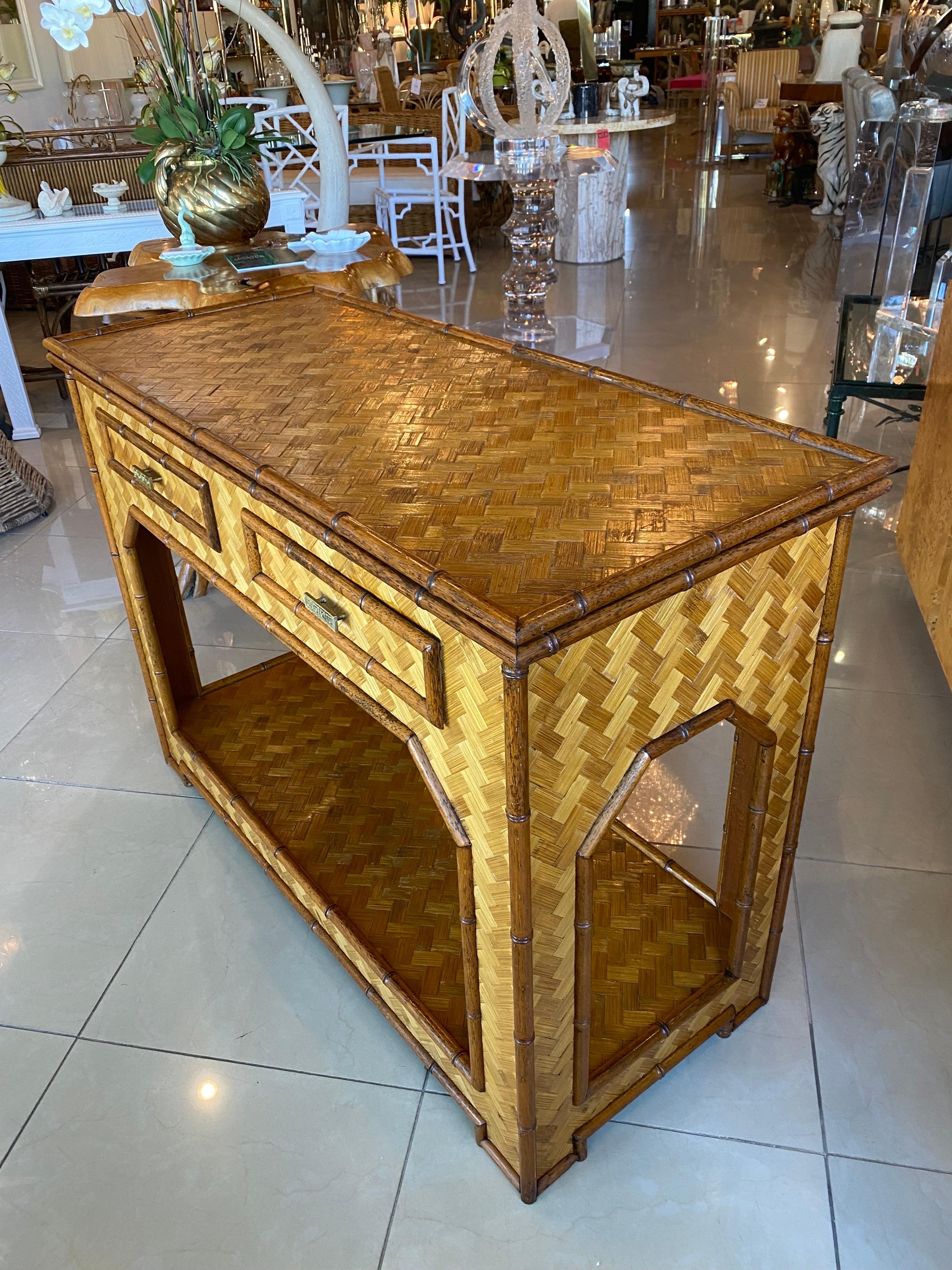 Vintage Woven Bamboo Console Table Drawers Desk Moroccan Arches Brass Greek Key 2
