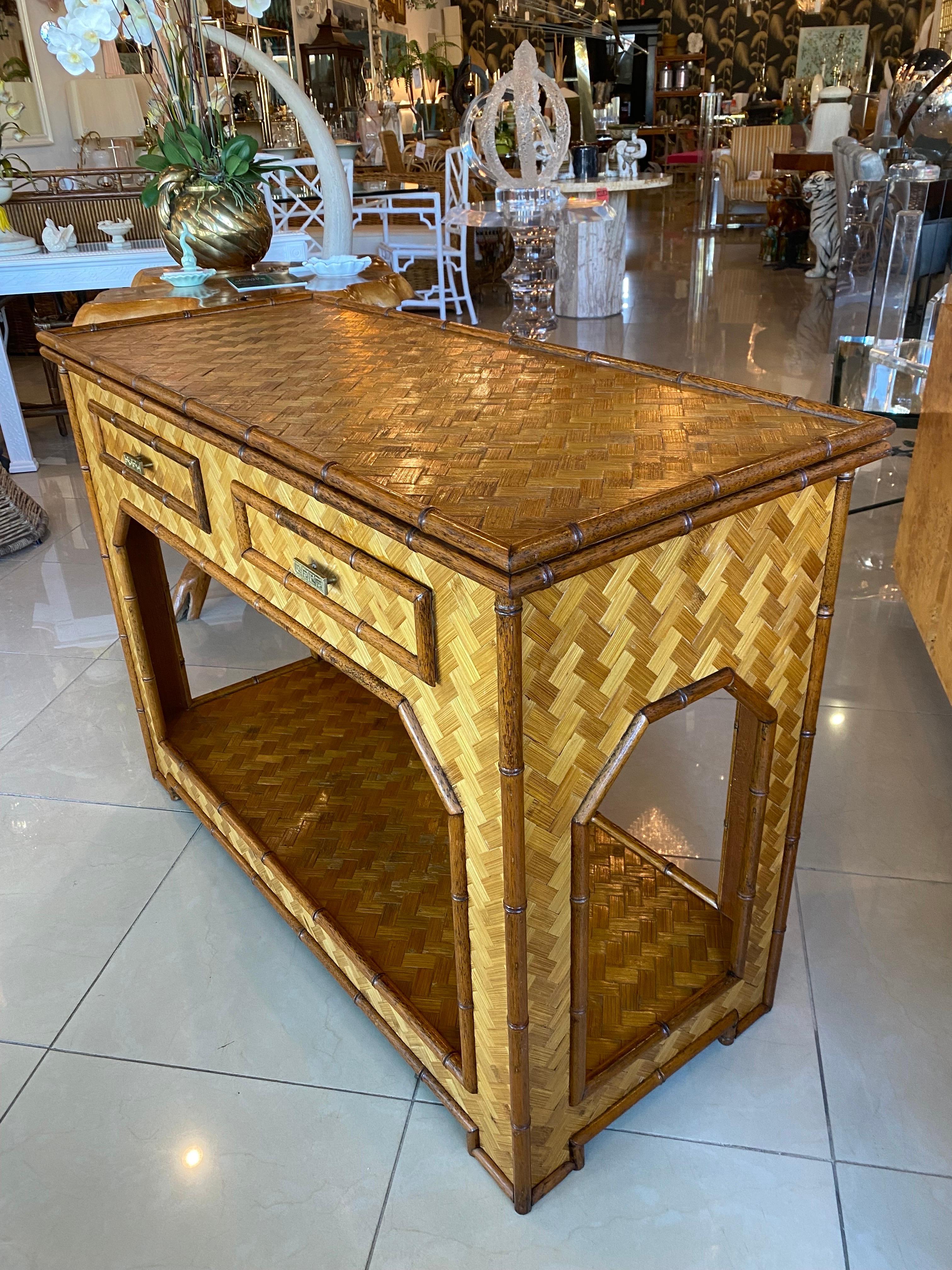 Vintage Woven Bamboo Console Table Drawers Desk Moroccan Arches Brass Greek Key 3