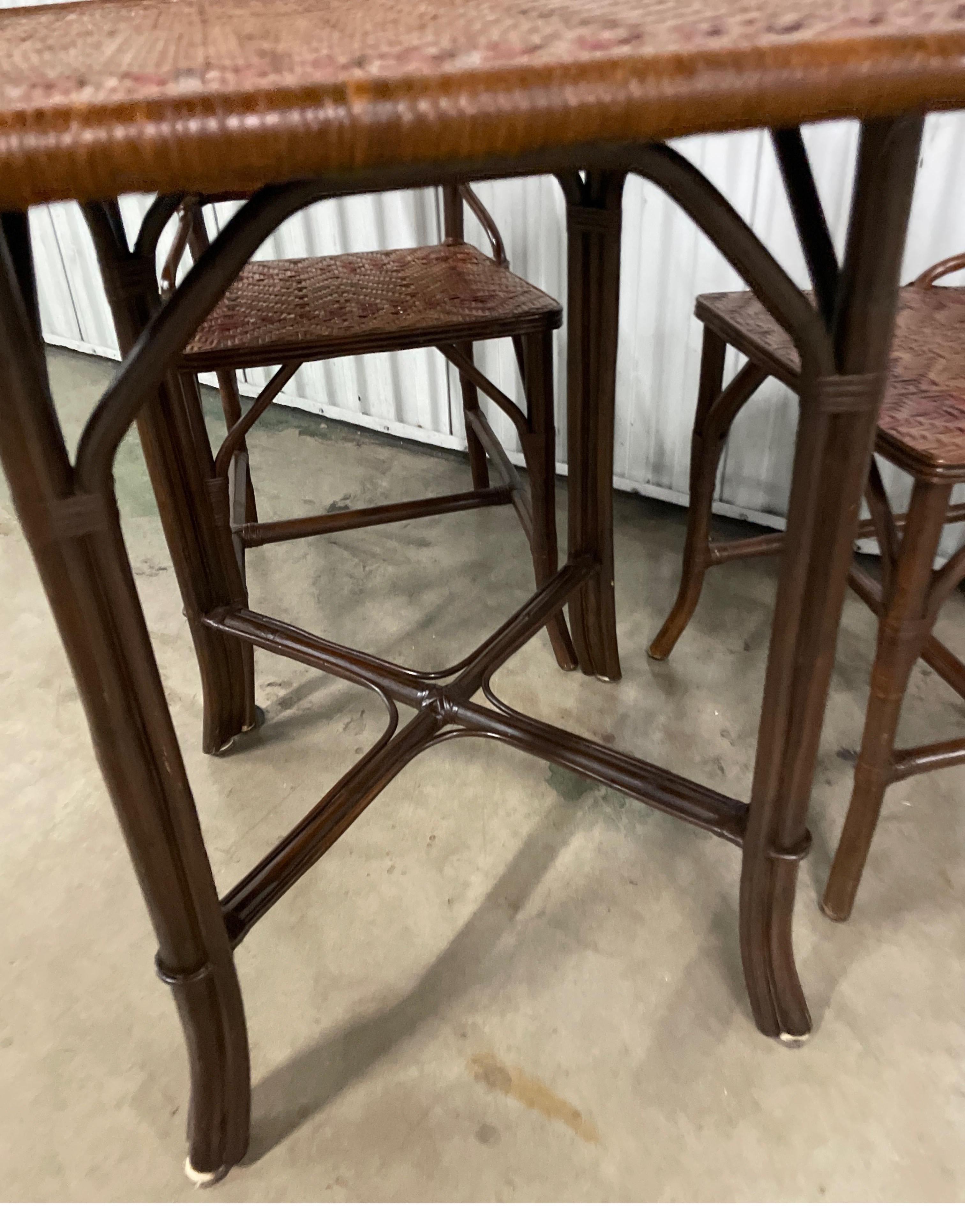 American Vintage Woven Bamboo Game / Breakfast Table & Two Chairs For Sale
