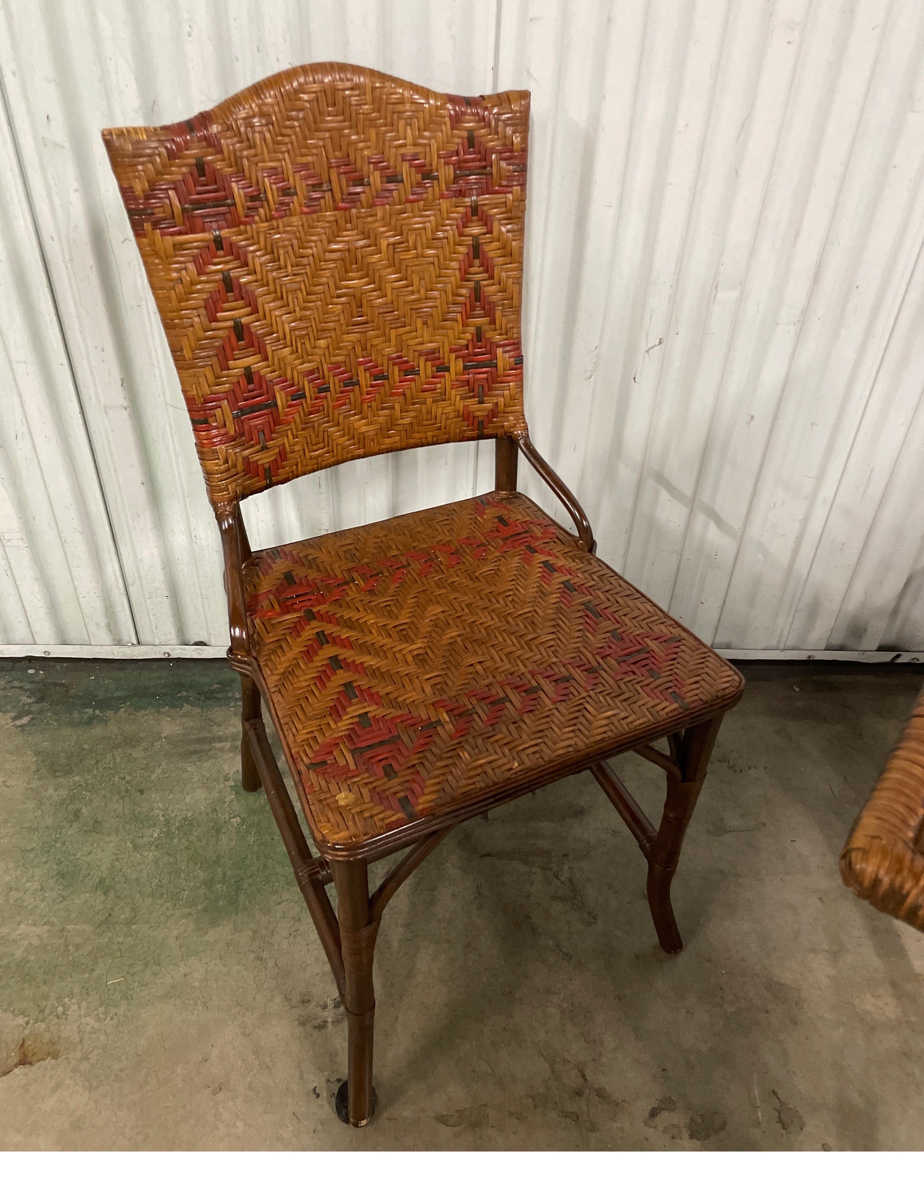 Vintage Woven Bamboo Game / Breakfast Table & Two Chairs In Good Condition For Sale In West Palm Beach, FL