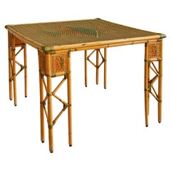 Antique Woven Bamboo Table with Brass Details, France, Early 20th Century