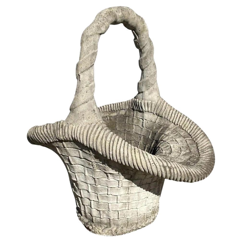 Vintage Woven Basket with Handle Cast Concrete Stone Large Garden Planter Pot For Sale