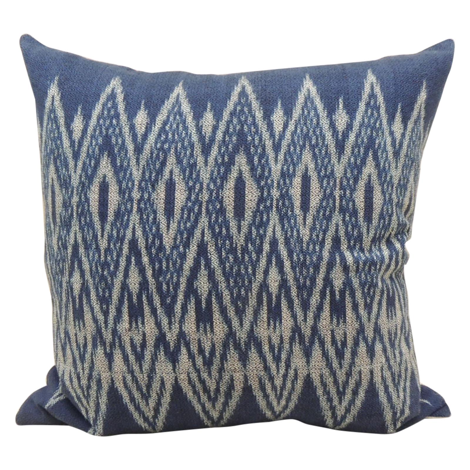 Vintage Woven Blue and White Ikat Decorative Square Pillow