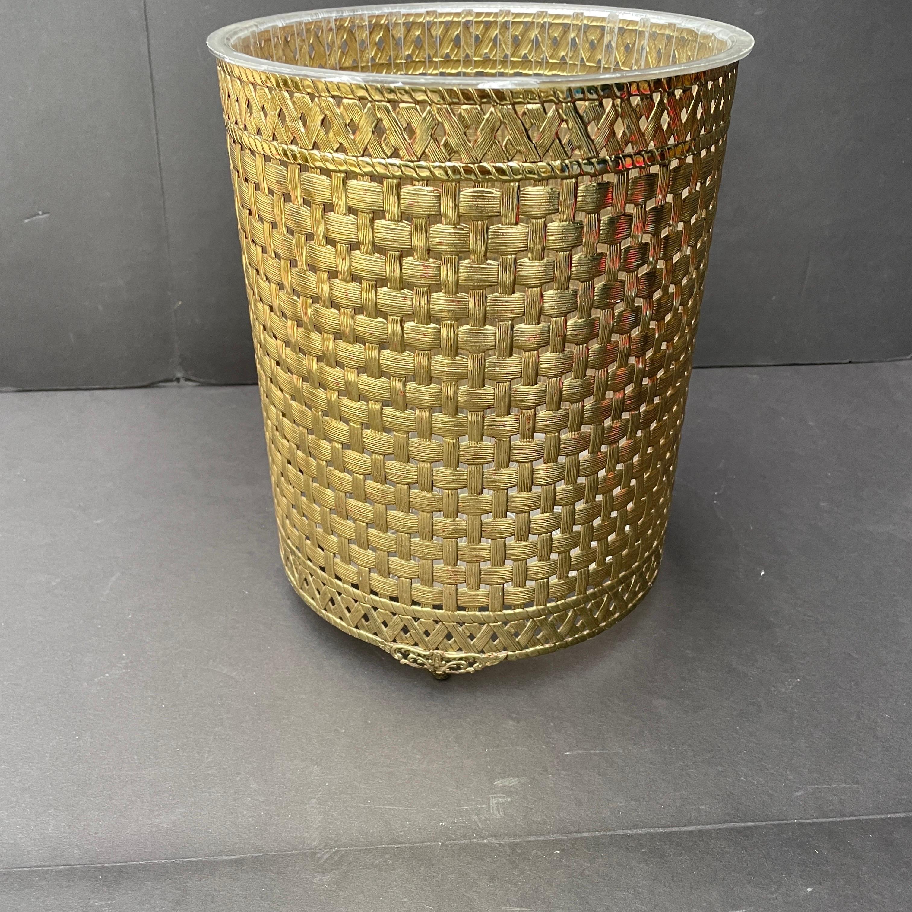 Hollywood Regency Vintage Woven Brass Trash Can with Liner
