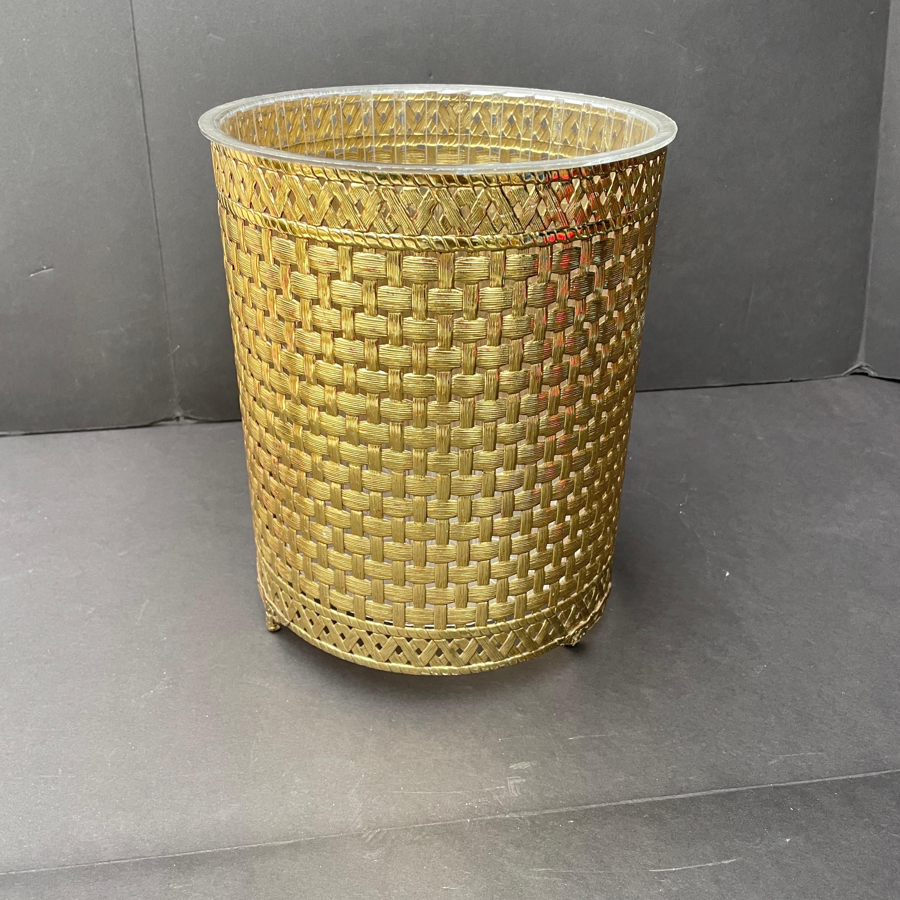 American Vintage Woven Brass Trash Can with Liner