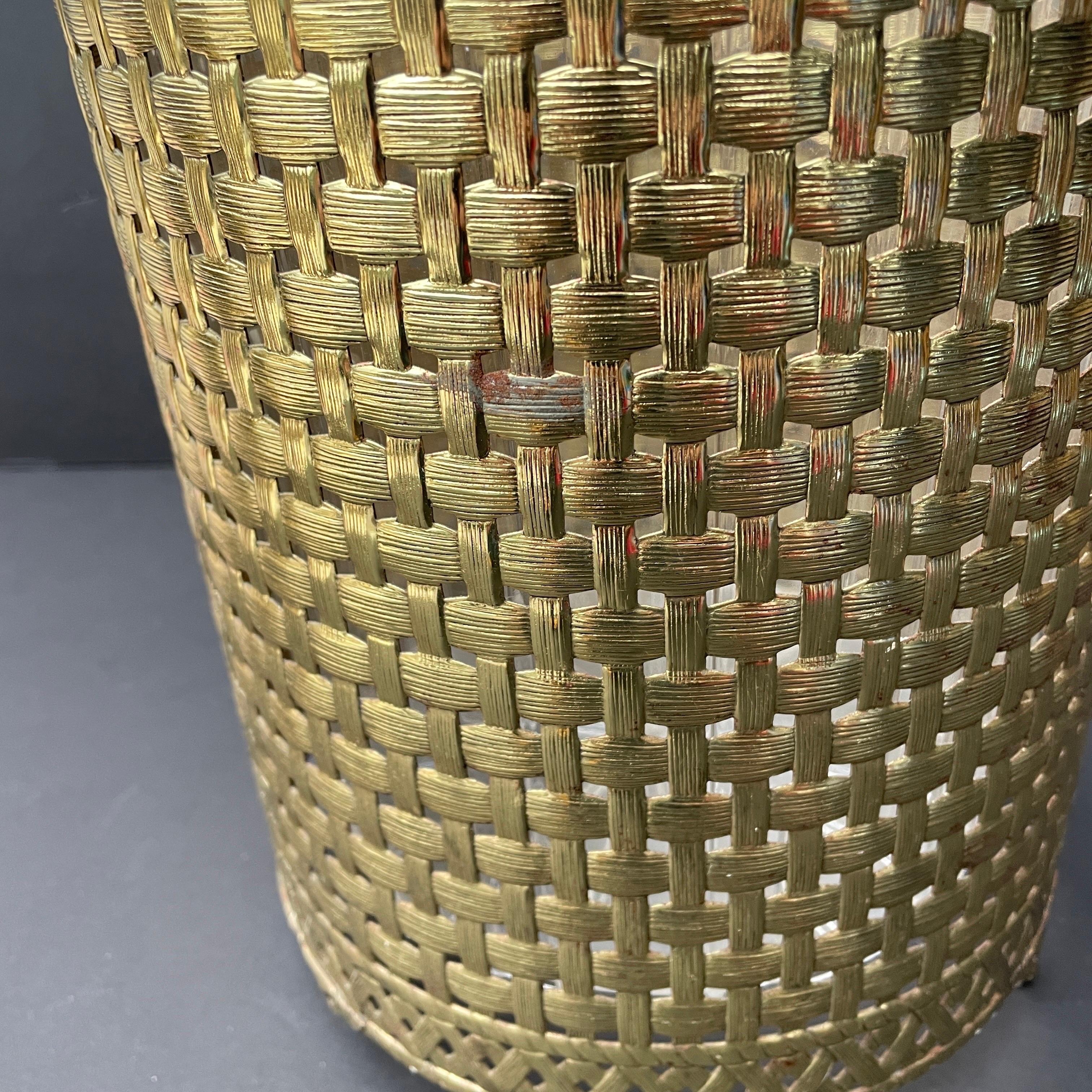 Vintage Woven Brass Trash Can with Liner 2