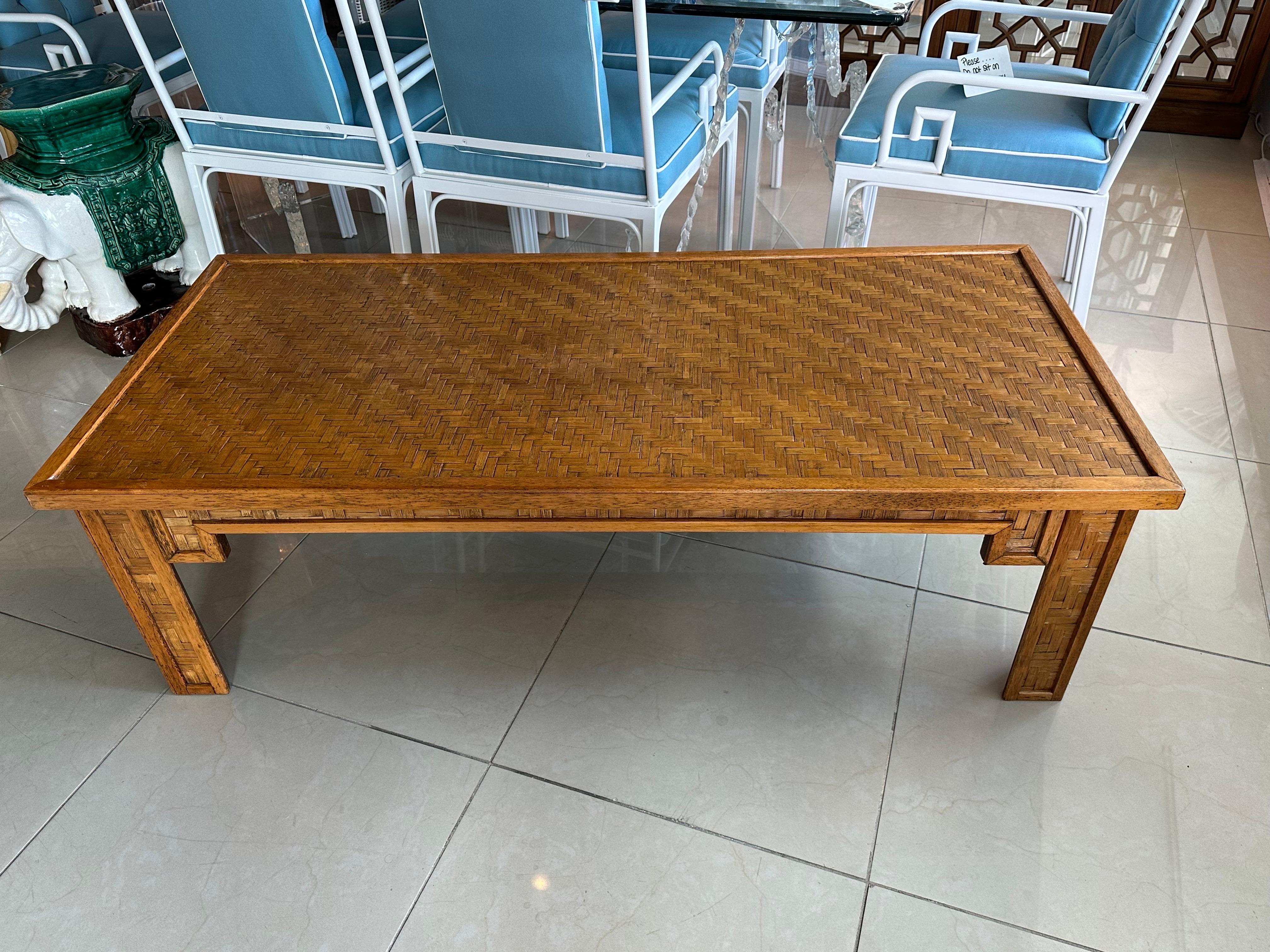 Vintage Woven Cane Bamboo Wicker & Wood Coffee Cocktail Table  For Sale 5