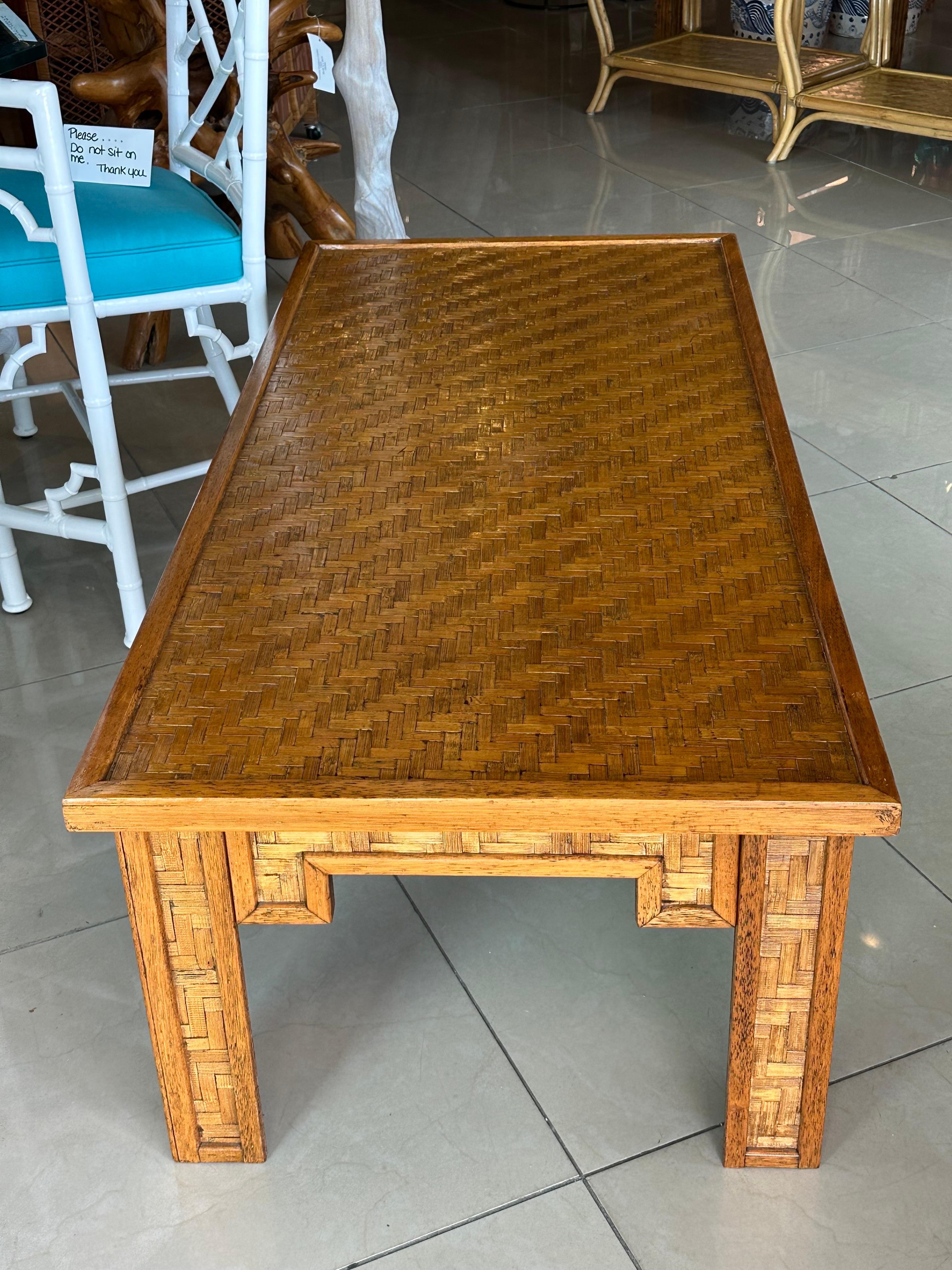 Vintage Woven Cane Bamboo Wicker & Wood Coffee Cocktail Table  For Sale 6