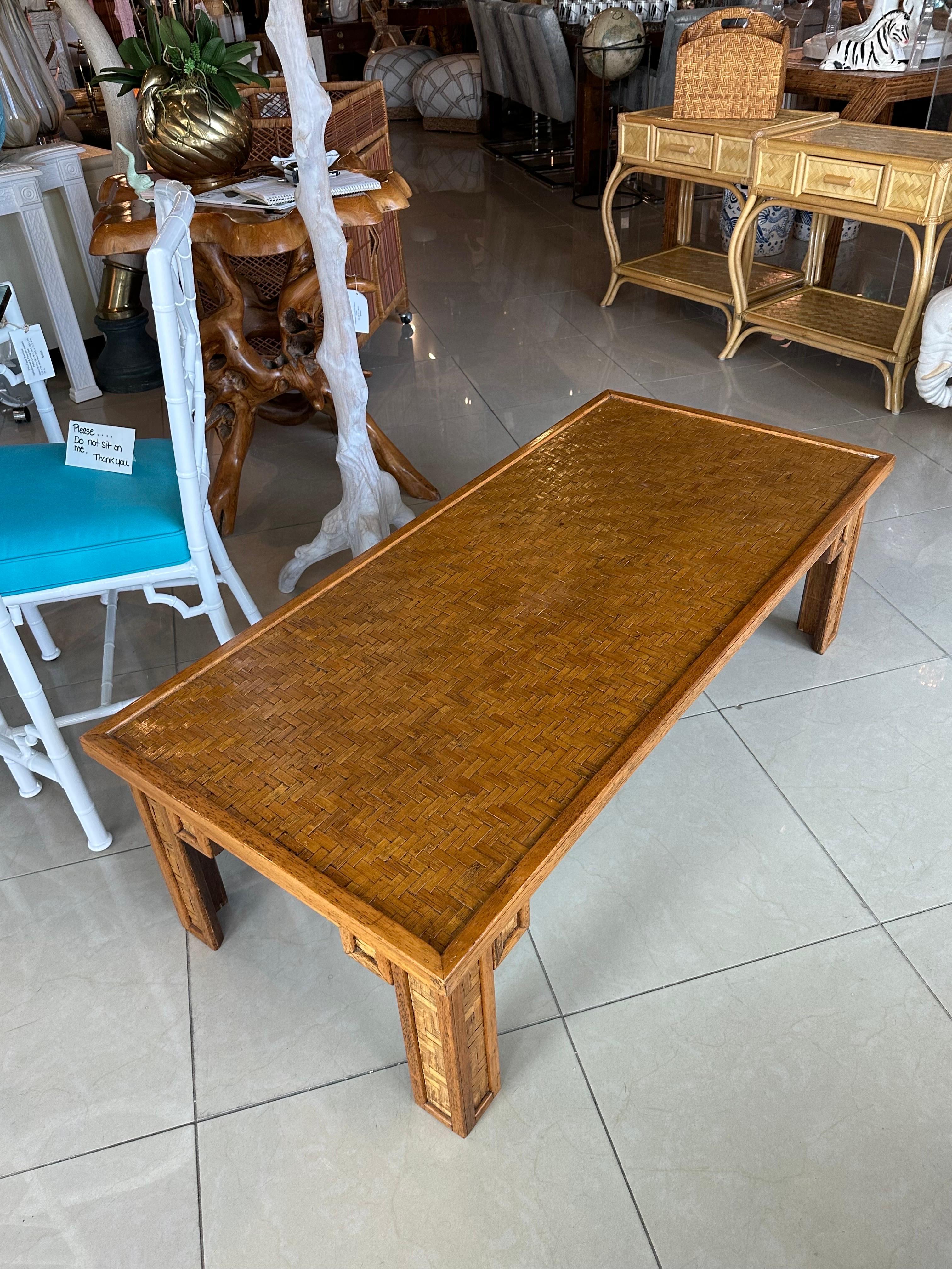 Mid-Century Modern Vintage Woven Cane Bamboo Wicker & Wood Coffee Cocktail Table  For Sale