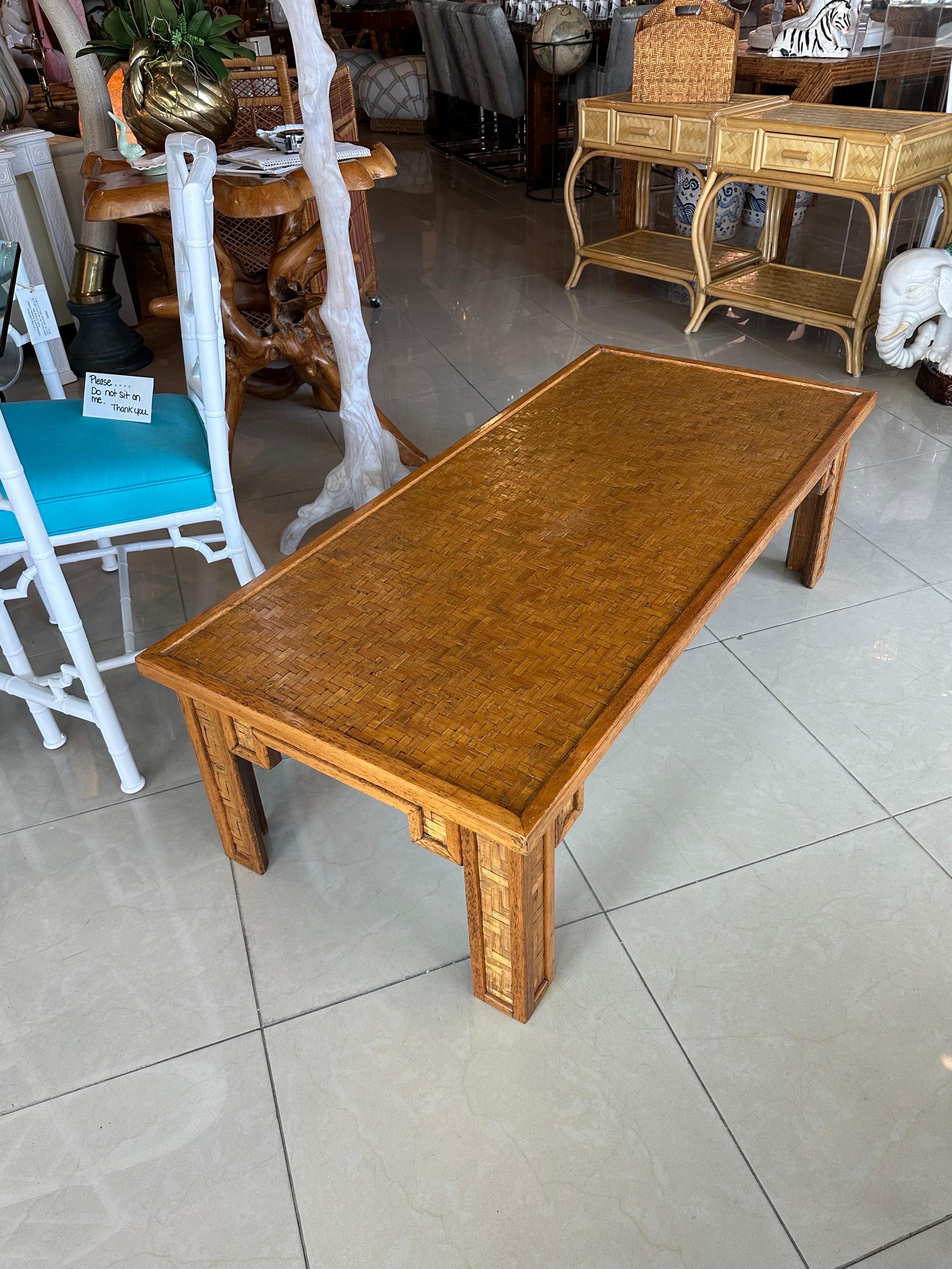 Vintage Woven Cane Bamboo Wicker & Wood Coffee Cocktail Table  In Good Condition For Sale In West Palm Beach, FL