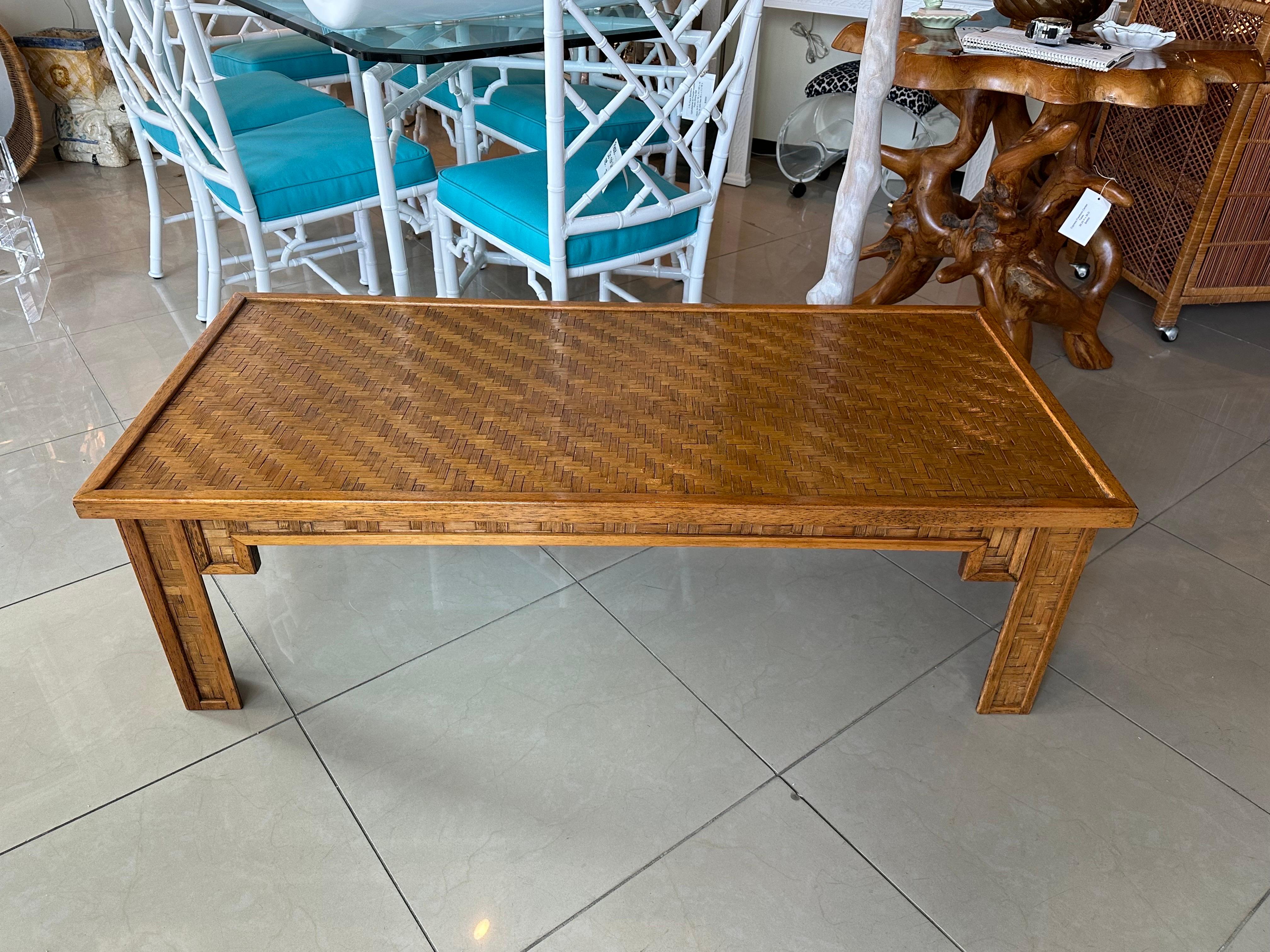 Vintage Woven Cane Bamboo Wicker & Wood Coffee Cocktail Table  For Sale 1