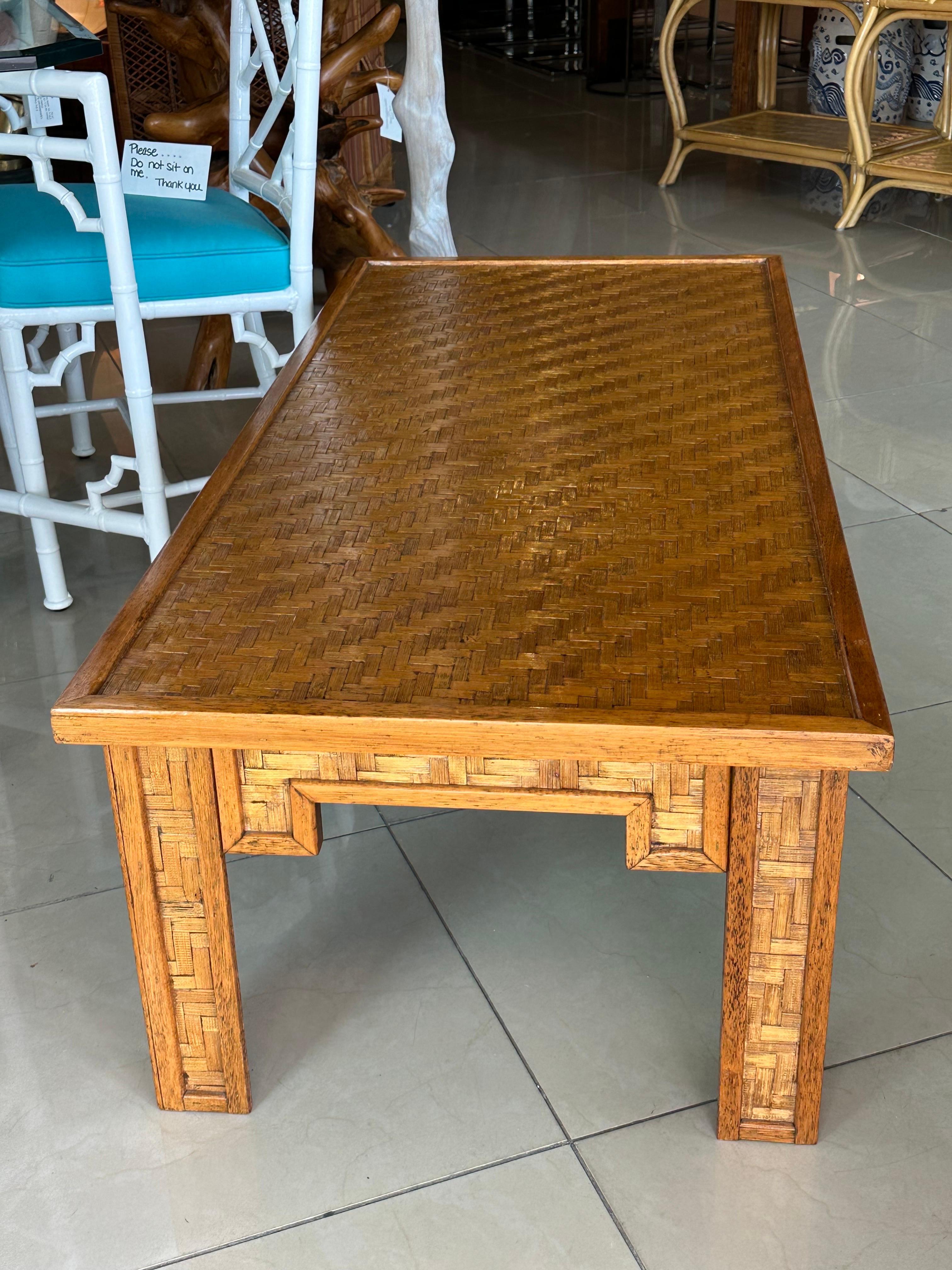 Vintage Woven Cane Bamboo Wicker & Wood Coffee Cocktail Table  For Sale 3
