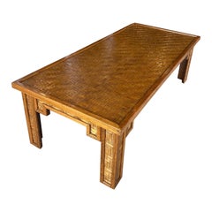 Vintage Woven Cane Bamboo Wicker & Wood Coffee Cocktail Table