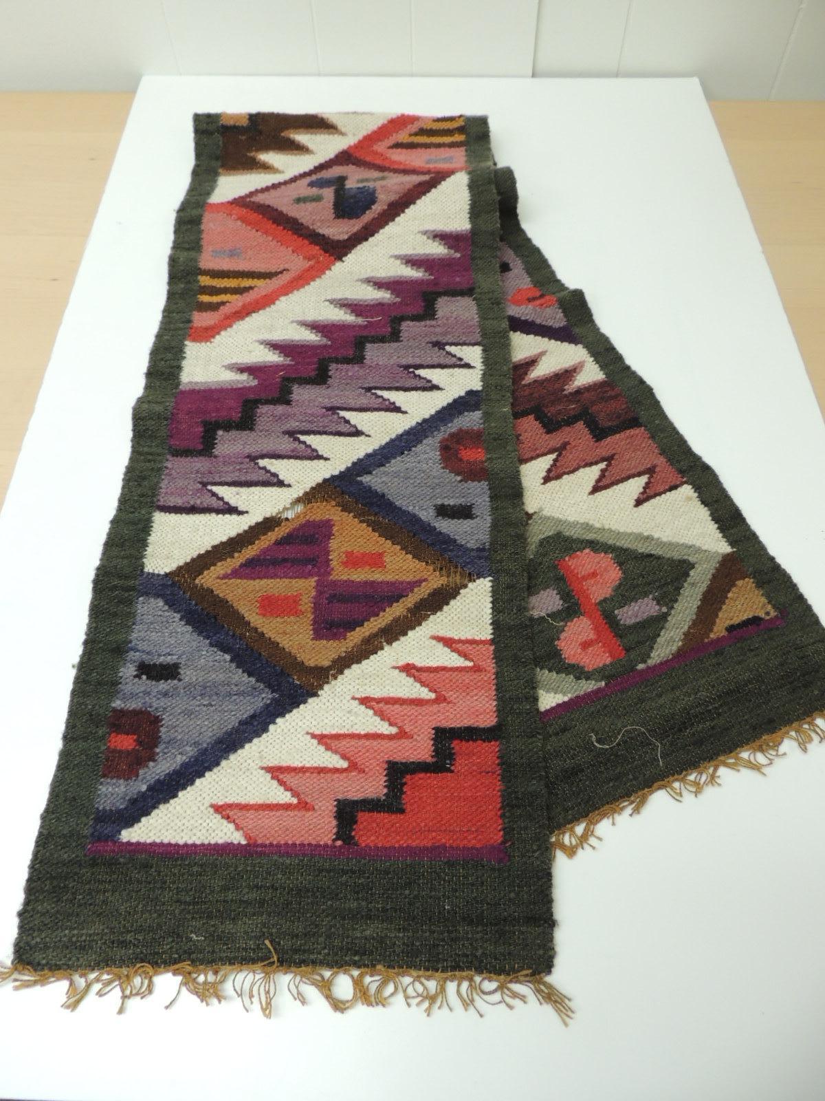 Vintage Woven Colorful Tribal Peruvian Wool Runner with Fringes In Good Condition In Oakland Park, FL