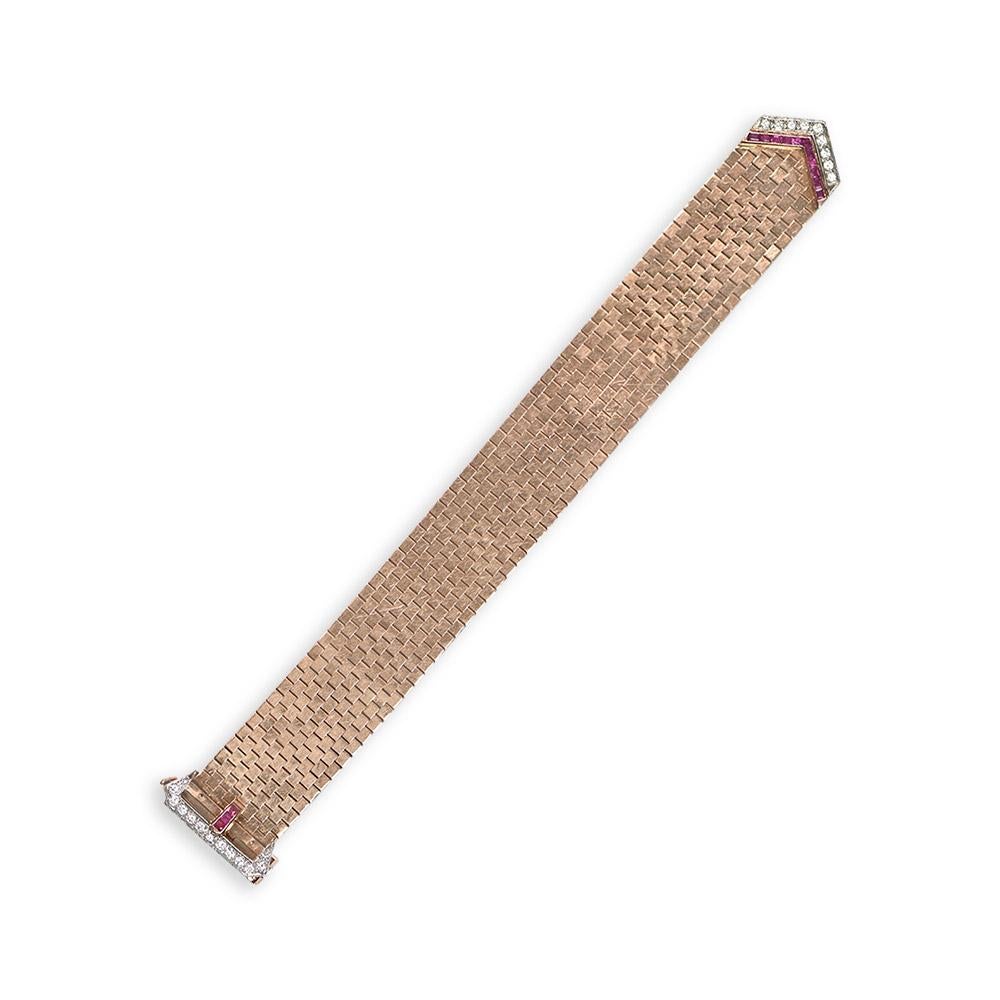 Retro Vintage Woven Design Bracelet, Diamond and Ruby Clasp, 14k Yellow Gold  For Sale