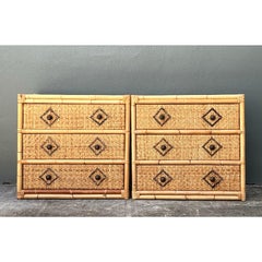 Vintage Woven Diamond Rattan Chests - A Pair